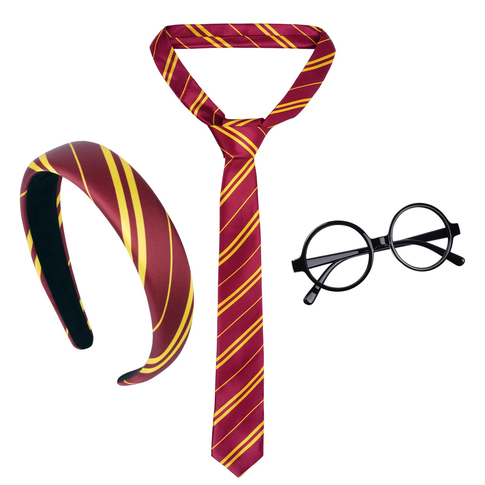 Aomig Zauberer Kostüm Zubehör für 3Pcs Klassiker Cosplay Krawatte Runden Brille Haarreif für Damen Cosplay Party Fasching Karneval Halloween Kostüme Accessoires Set Cosplay Party (Rote Gelbe Streifen)