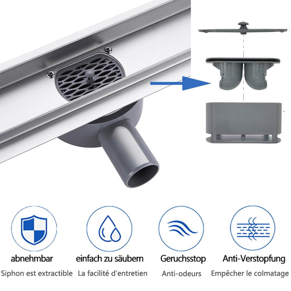 Canalina per doccia, 80 cm, piastrellabile, in acciaio inox a 360 gradi, set completo di scarico per doccia, sifone extra piatto, con antiodore e filtro per capelli, scarico doccia