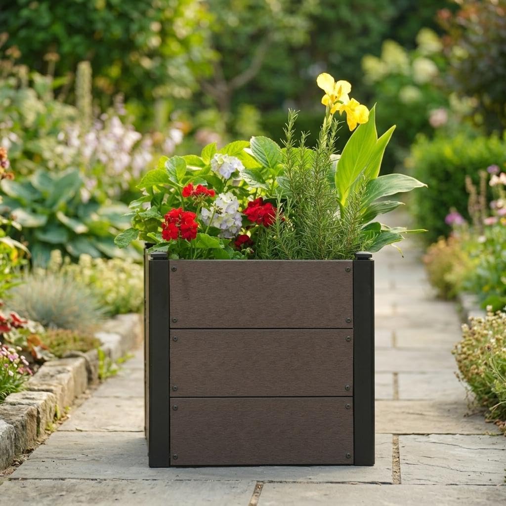 Hapihom Wooden Raised Garden Bed, Garden Window Herb Flower Box with Wide Planting Space, Without Bottom Planter Box for Yard, Greenhouse, Vegetable, Flower, Herbs - 49x49x45cm
