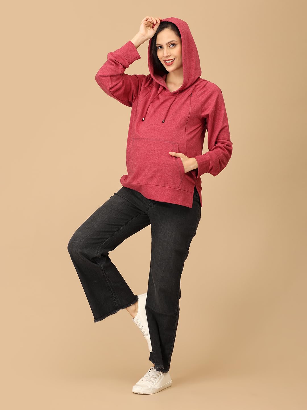 The Mom Store Maternity and Nursing Winter Hooded Sweatshirt | Breastfeeding Pre and Post Pregnancy Sweatshirt | Trendy Hoodies for New Mom | Dusty Snug, Crimson | M 4