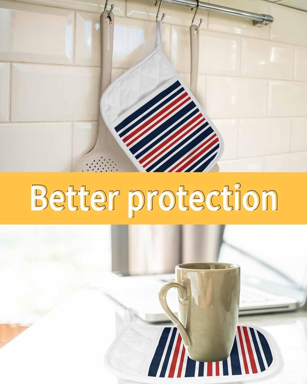 5 Pack Pot Holder with Pocket, Dark Blue Red Stripe Kitchen Potholders Heat Proof Non Slip Pot Holders Sets, Hot Pads Potholder for Cooking Baking BBQ