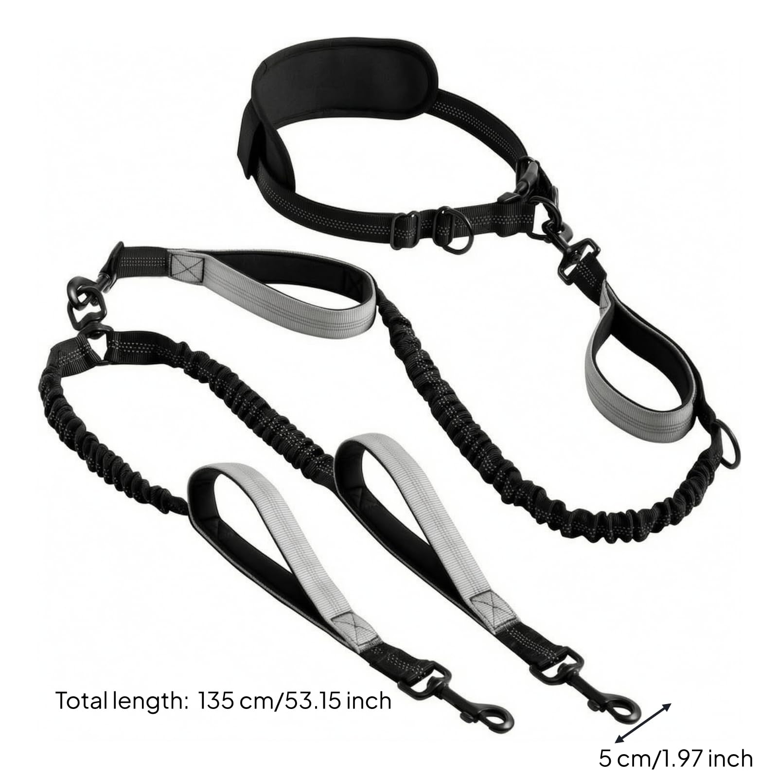 Laisse Double Tête Laisse de Course Ceinture Laisse Élastique Laisse Mains Libres avec Amortisseur Système Bungee Anti à Coups et Attaches Métalliques, Gris