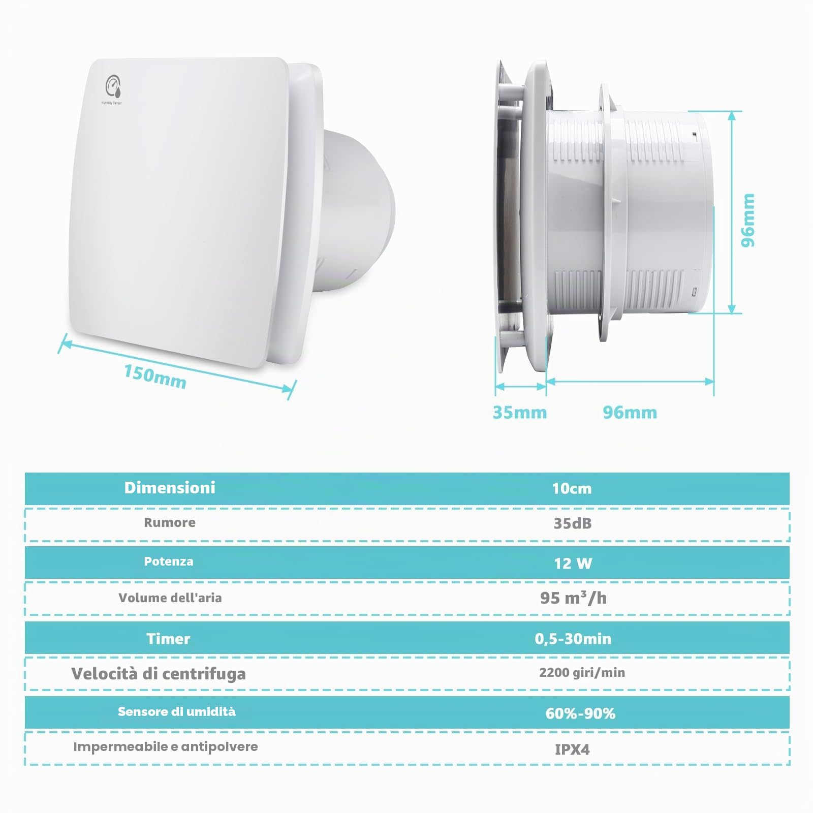 Ventilatore da Bagno 100 mm con Sensore di Umidità e Temporizzatore Antiriflusso, Aspiratore da Bagno, Funzionamento Silenzioso, Ventilatore da Soggiorno per Bagno e Cucina, Bianco