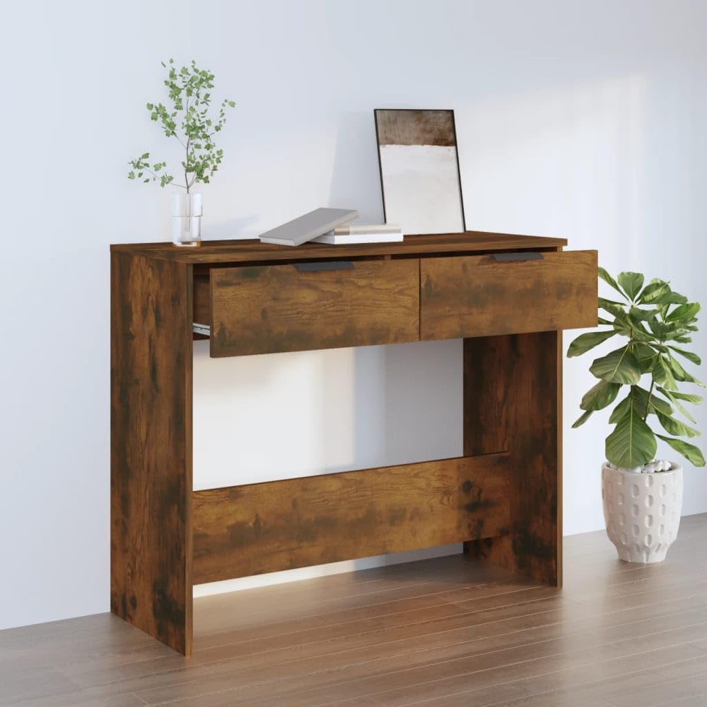 Mesa consola de roble ahumado 90 x 36 x 75 cm, material de madera con 2 cajones, espaciosa placa superior y soporte de pared para salón, entrada o pasillo, más estable