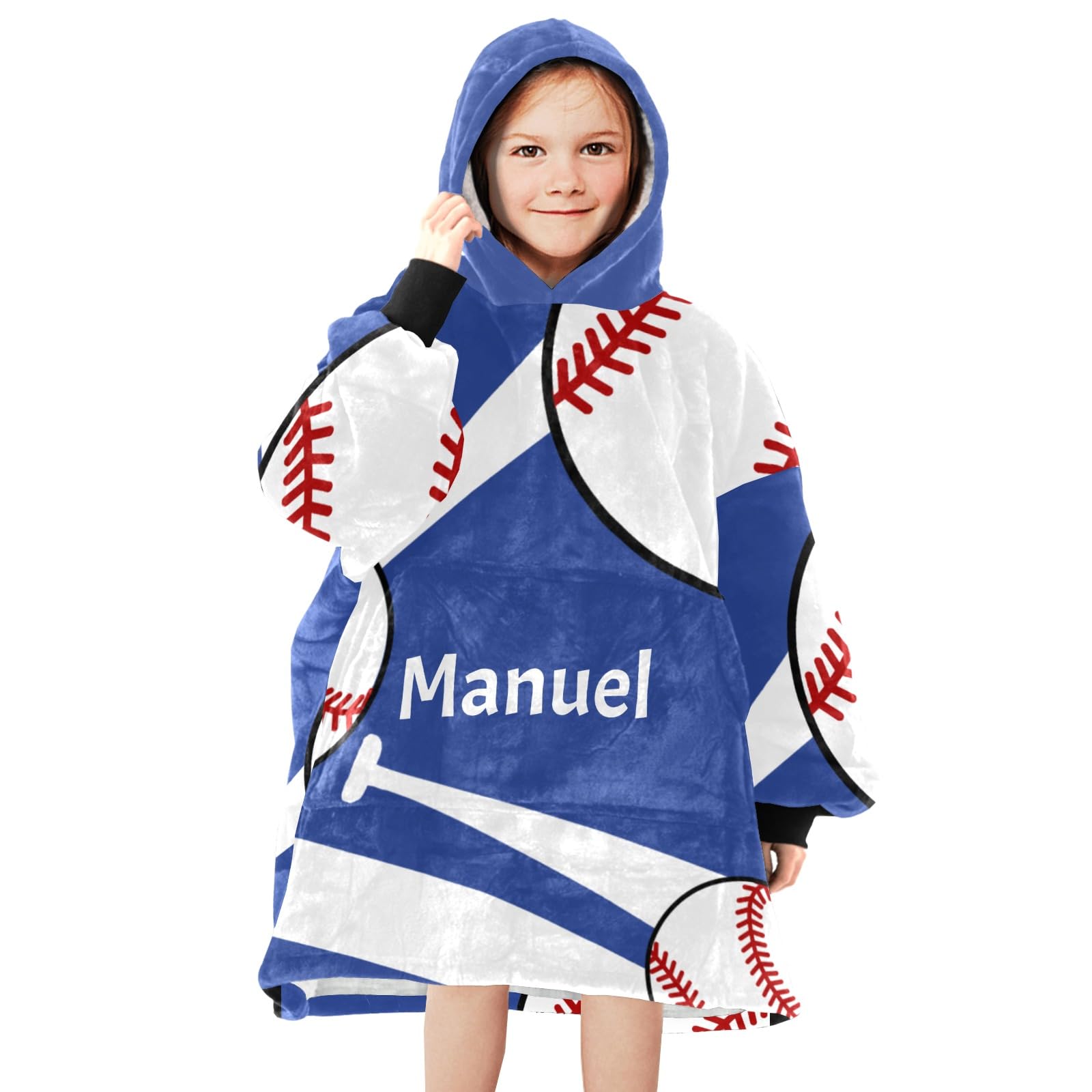 Baseball Sport Blue Personalized Oversized Wearable Blanket Sweatshirt Hoodie for Children, Custom Sherpa Soft Warm Blanket