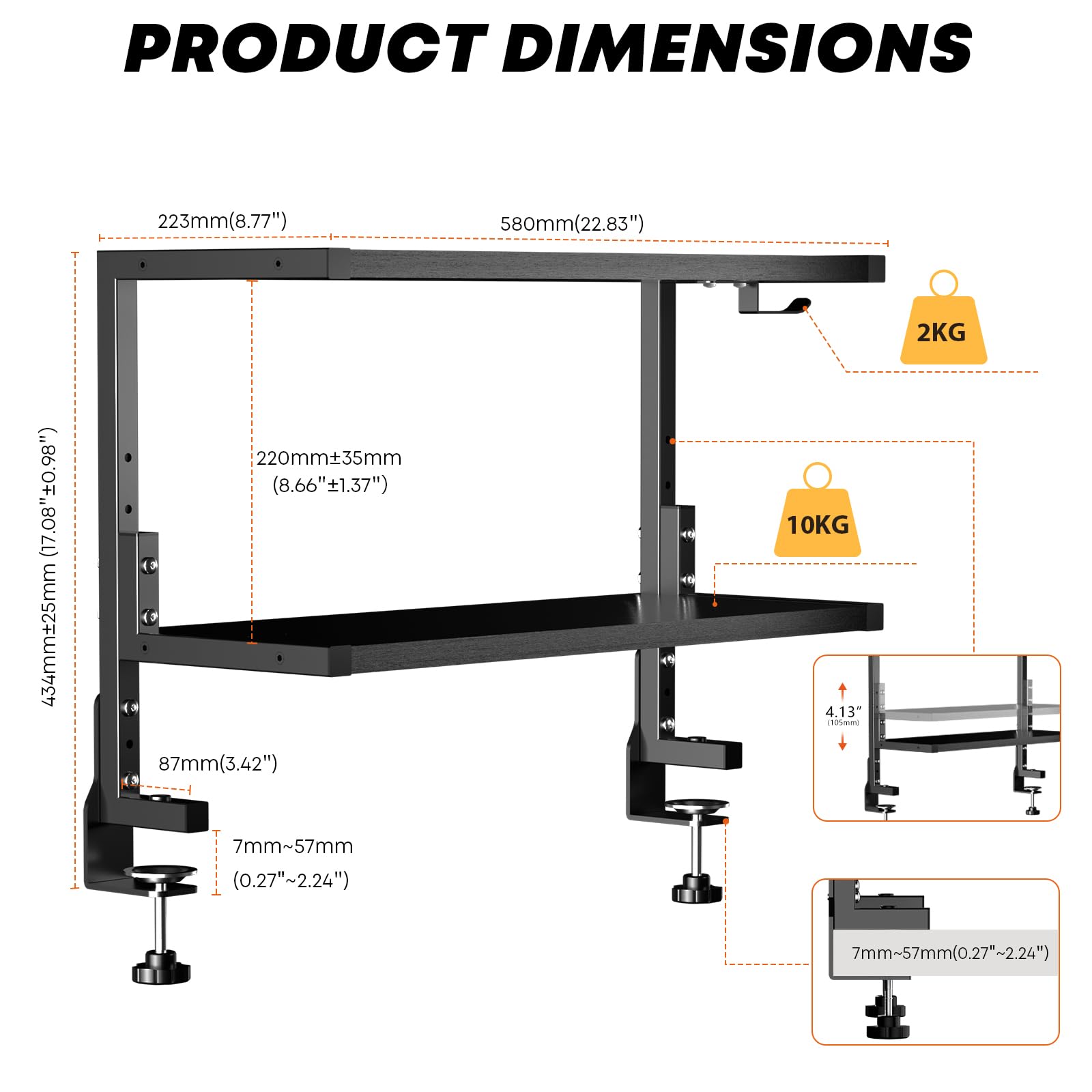 PUTORSEN 24-Zoll Clamp-on Schreibtisch Organizer - 2 Tier Schreibtisch Regal DIY Regal unter Schreibtisch für Gaming-Geräte, Tischzubehör und mehr, Schwarz
