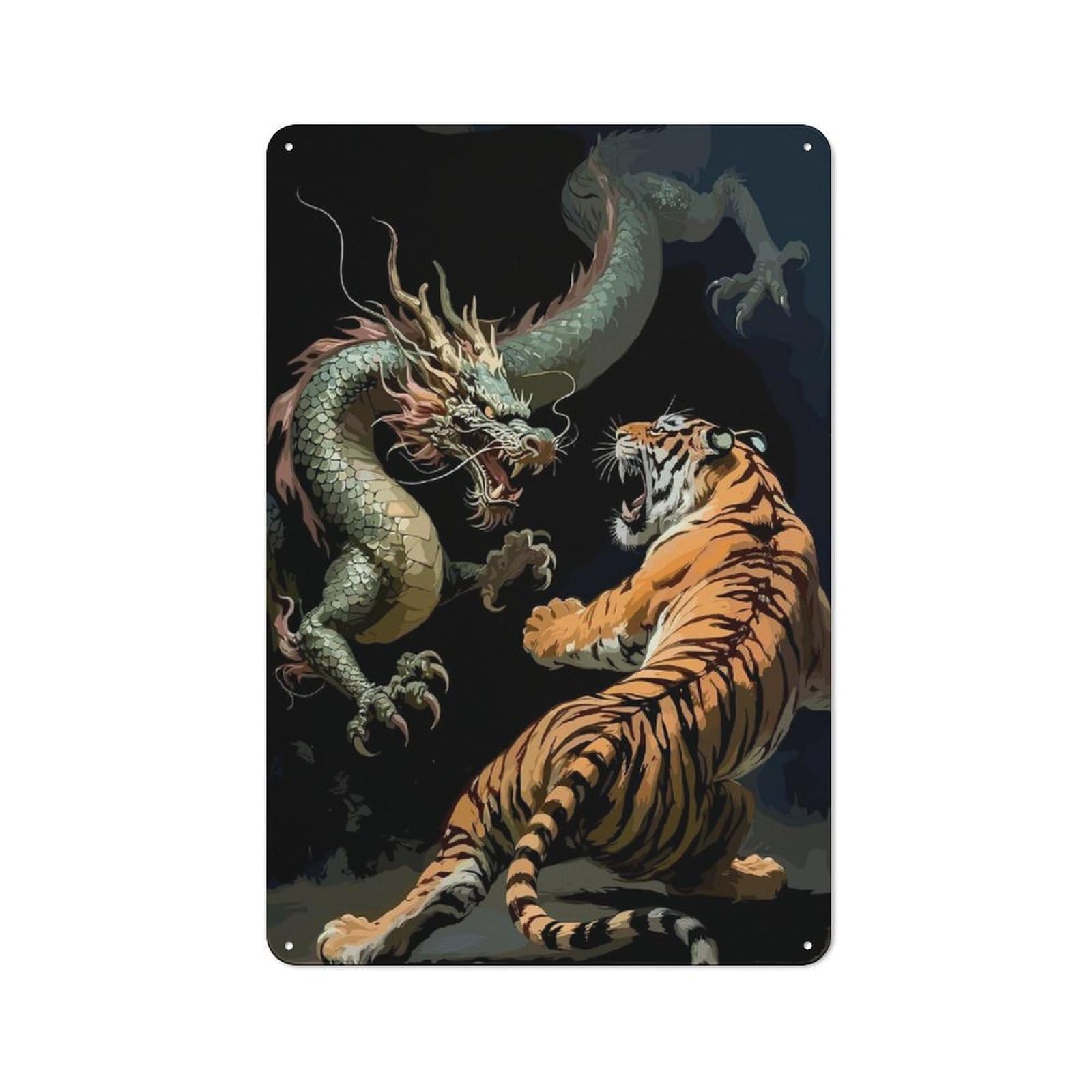Dragon And Tiger Confrontation Vintage Tin Sign 30x20cm for Café Or Home Bar, with Clear Vintage Wall Decor Character