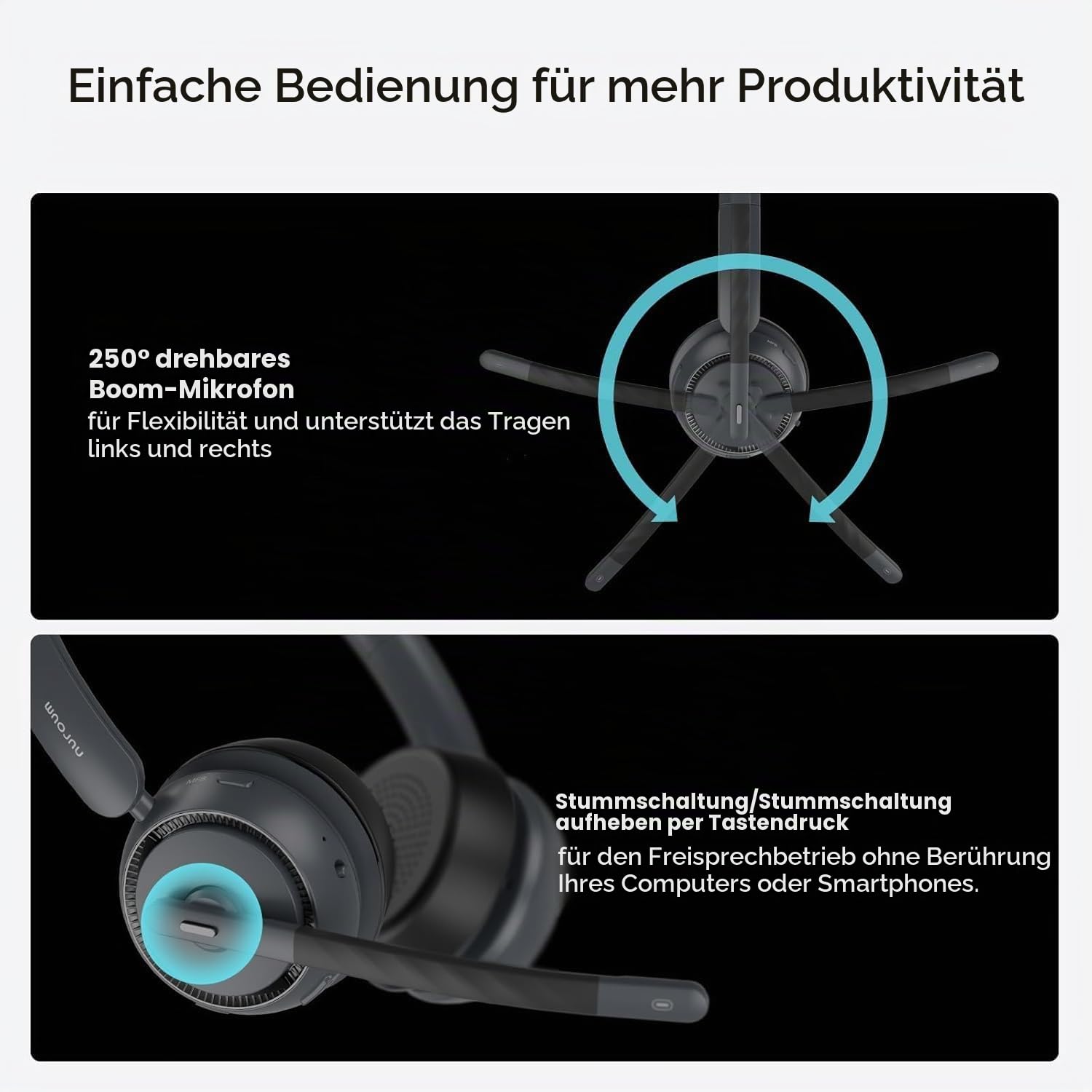 Nuroum HP31DU(2nd Gen) Bluetooth Headset mit Mikrofon Wireless, Geräuschunterdrückende Mikrofone für Anrufe mit Mute/USB Dongle Dual-Verbindung, 45H Laufzeit, Kabelloses Headset für PC/Mac/Laptop