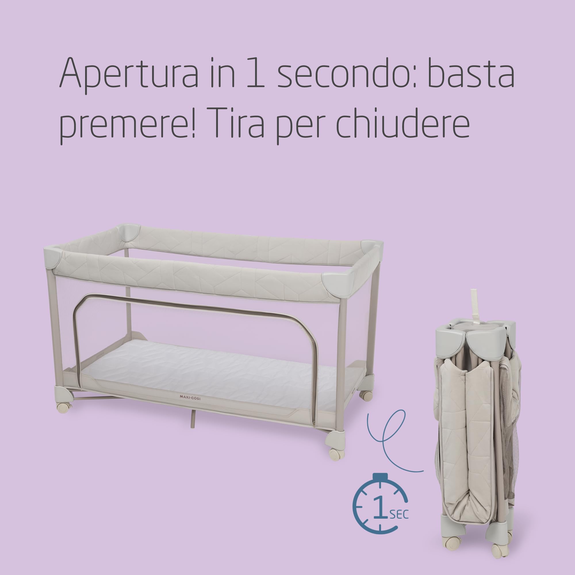 Maxi-Cosi Merlin, 2 in 1 Culla da Campeggio Neonato & Area Giochi, 0-4 Anni, 0-18 kg, Lettino da Viaggio Bambini, Chiusura in 1 Secondo, Materasso 120x60 cm, Finestra Laterale, Elegance Beige