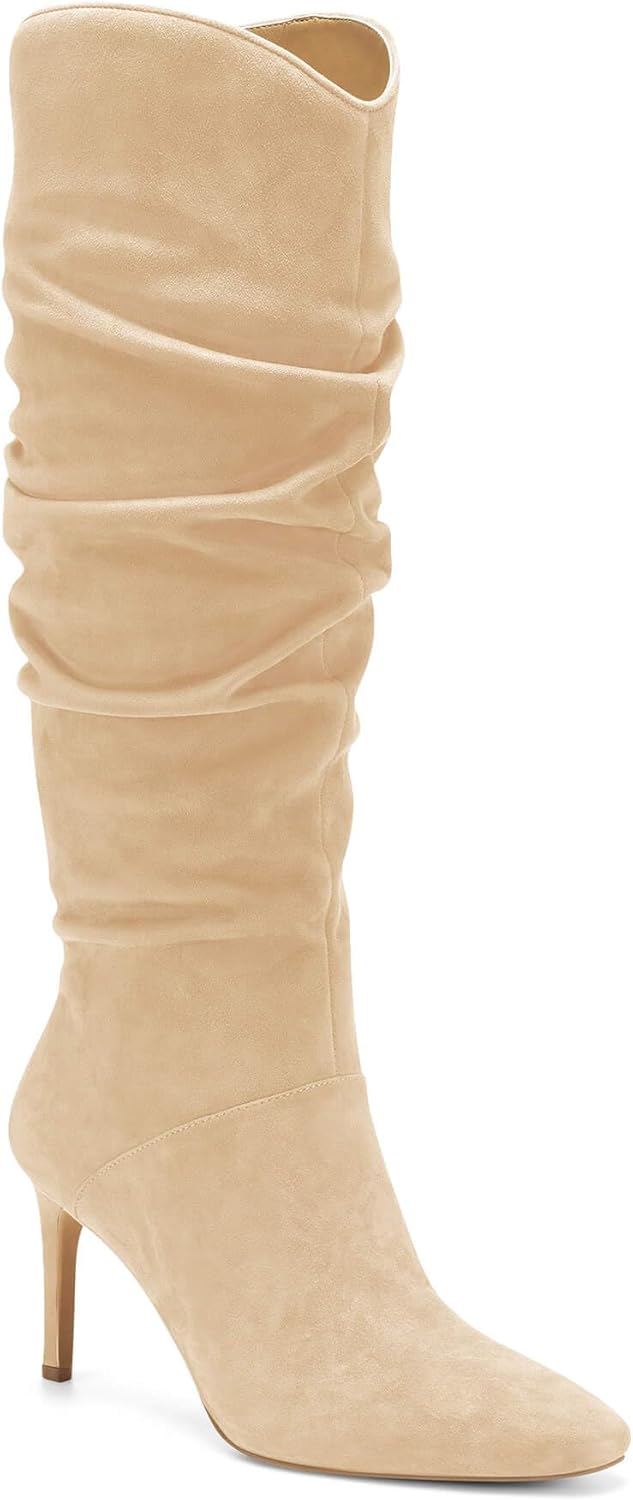 Coutgo Womens Knee High Boots Faux Suede Almond Toe Stiletto High Heel Slouchy Side Zipper Booties 8 Light Khaki