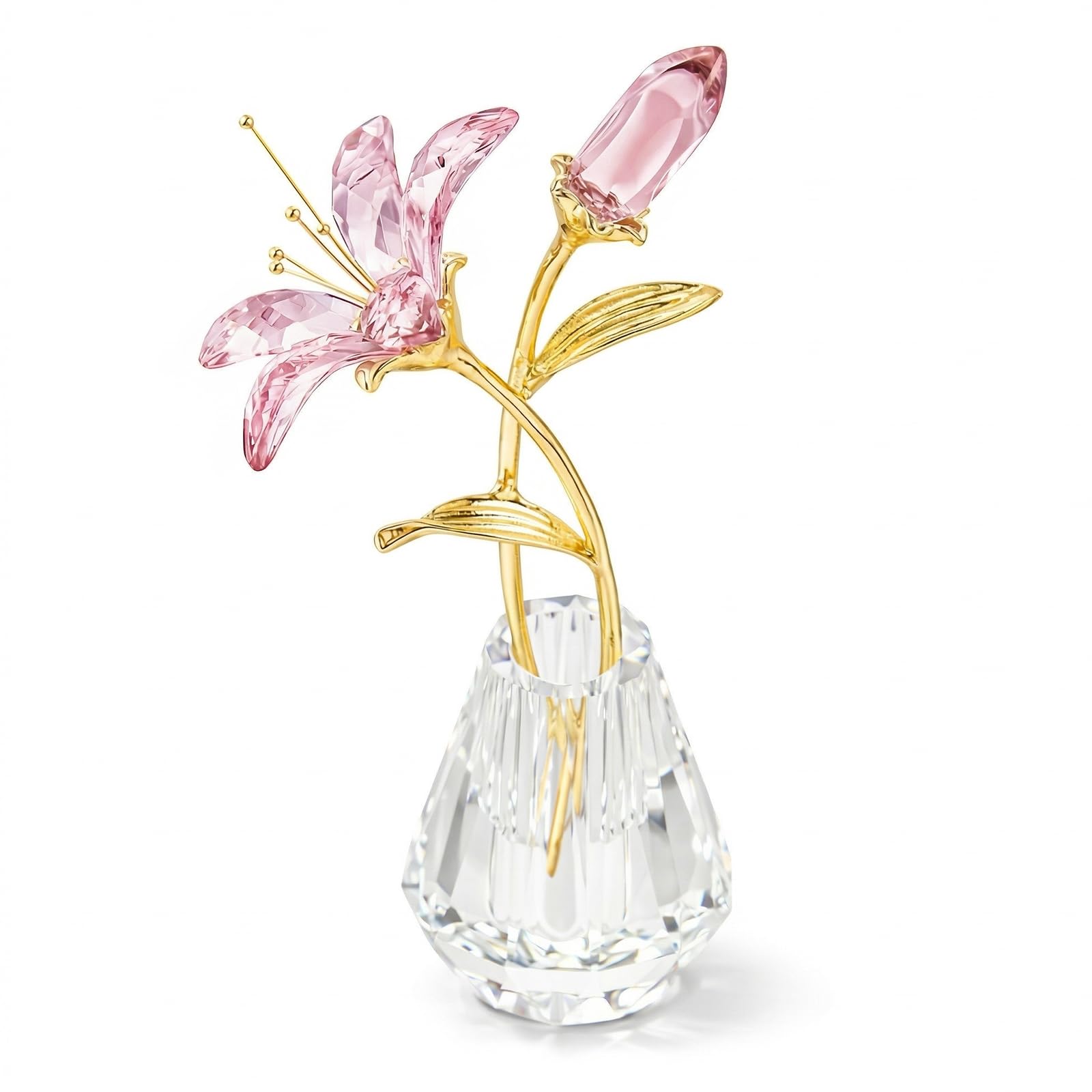 EVERGOODS Crystal Lily Flower Figurine – Glass Lilium with Metal Stem in Crystal Vase, Pink/Purple Collectible Ornament for Wedding, Valentine's Day, Home Decor, Gift (Pink)