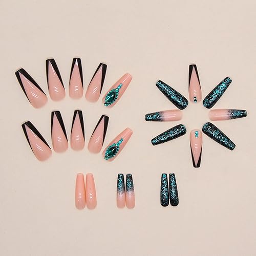Miniatura 4 de MISUD Uñas postizas a presión Uñas postizas largas con punta francesa negra, diseño de diamantes de imitación verde acrílico, 24 piezas