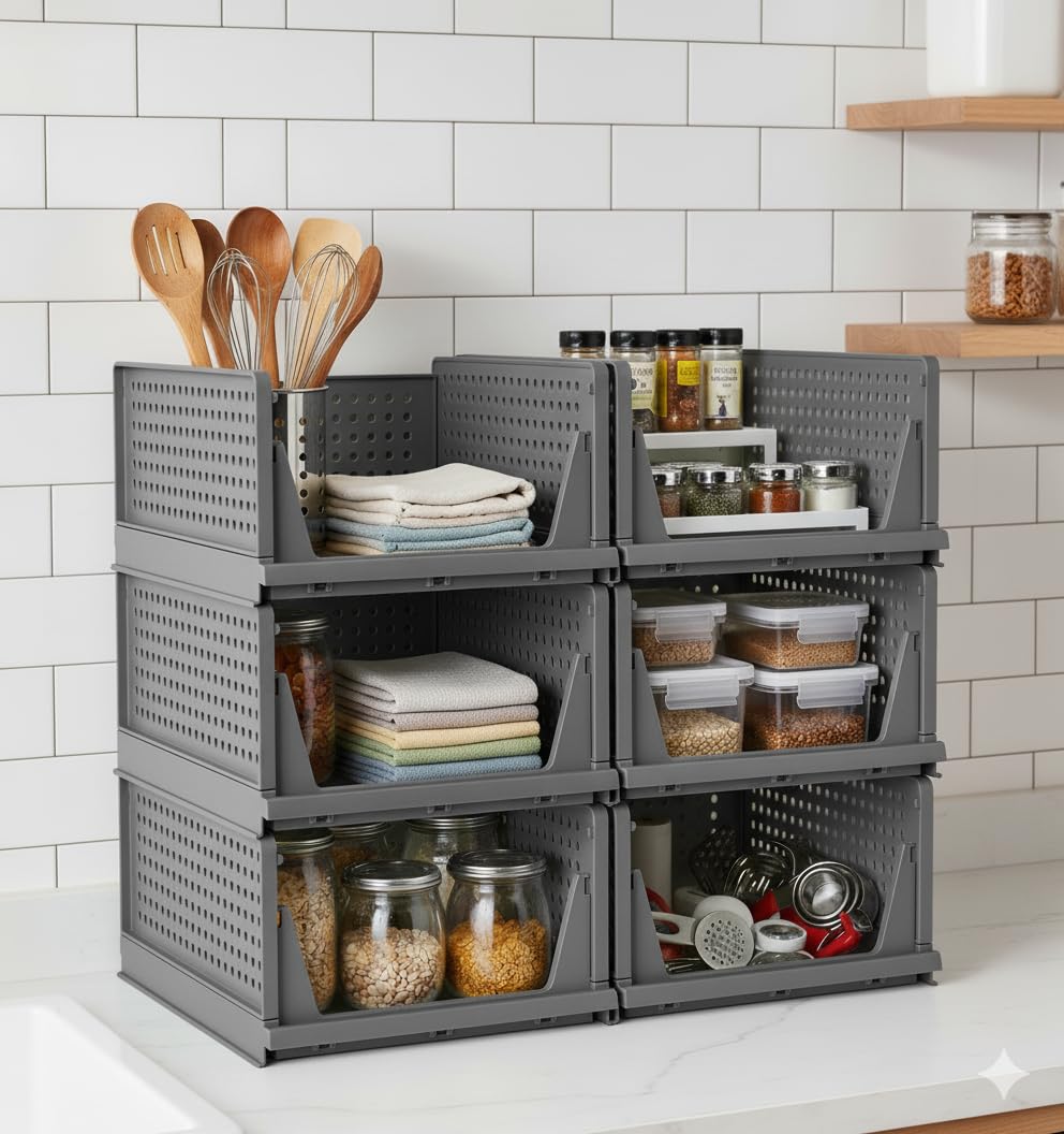 MECHDEL | Wardrobe Organizer For Clothes | Cupboard Organizer | Foldable Shirt Stacker Box | Cloth Box for Almirah | Closet Storage Basket |Plastic Stackable Closet Organizer (Grey, 6PCS)