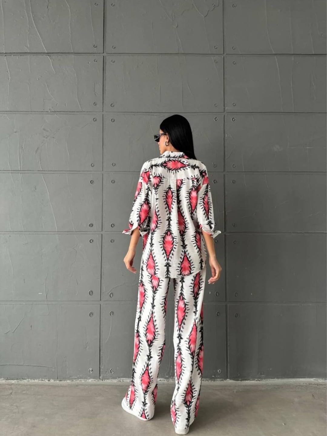 Gufrina Women's Polyester Co-Ord Set With Button-Up Top & Wide Leg Pant 3/4Th Sleeves Collar Neck Printed Pattern Regular Fit And Standard Length