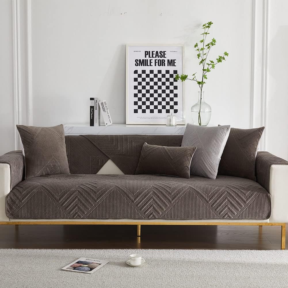 vctops Vintage Velvet Plush Sofa Cover Soft Couch Cover Geometric Quilted Sectional Couch Covers Sofa Slipcover for Dogs Cats Pet Love Seat Recliner Armrest Backrest Cover(Dark Grey,28"x47")