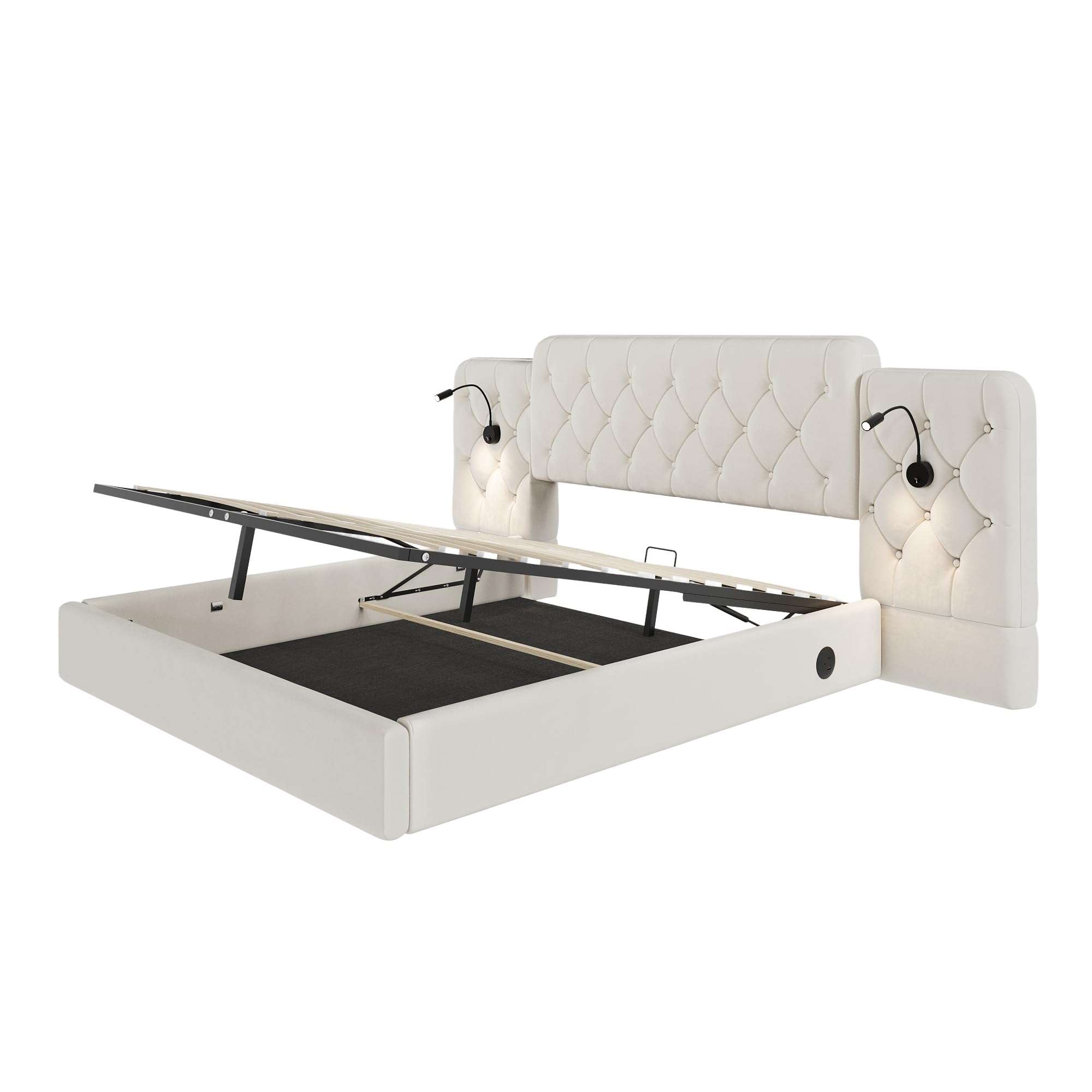 Estructura de cama con cabecero largo, 160 x 200 cm, material de terciopelo moderno, varios puertos USB, lámpara de escritorio, sistema hidráulico, espacio de almacenamiento extra grande, color