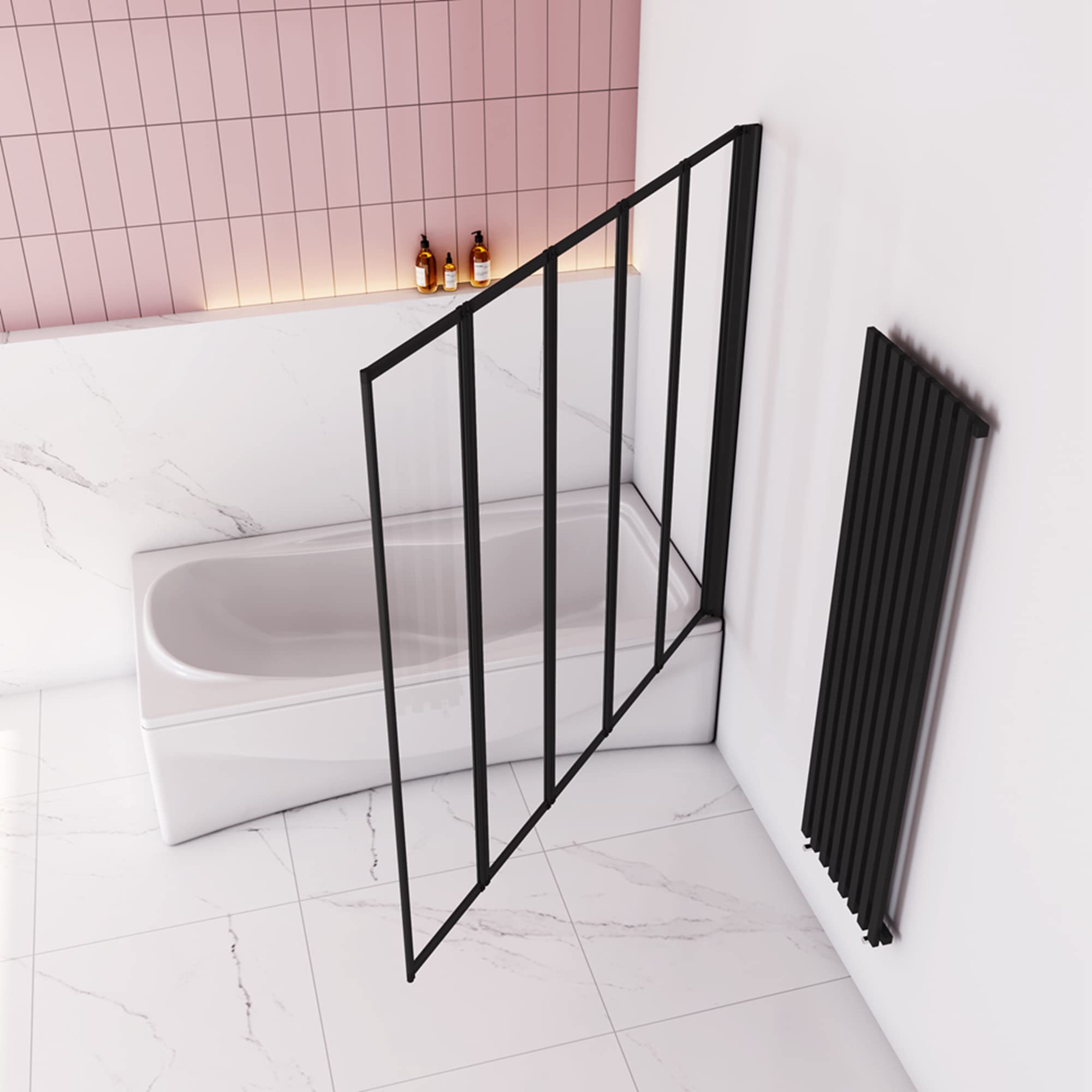 Mampara Ducha para Bañera - 5 Hojas Plegables - Vidrio Templado 4mm - Perfil Negro Mate - (1193-1203) X1400mm