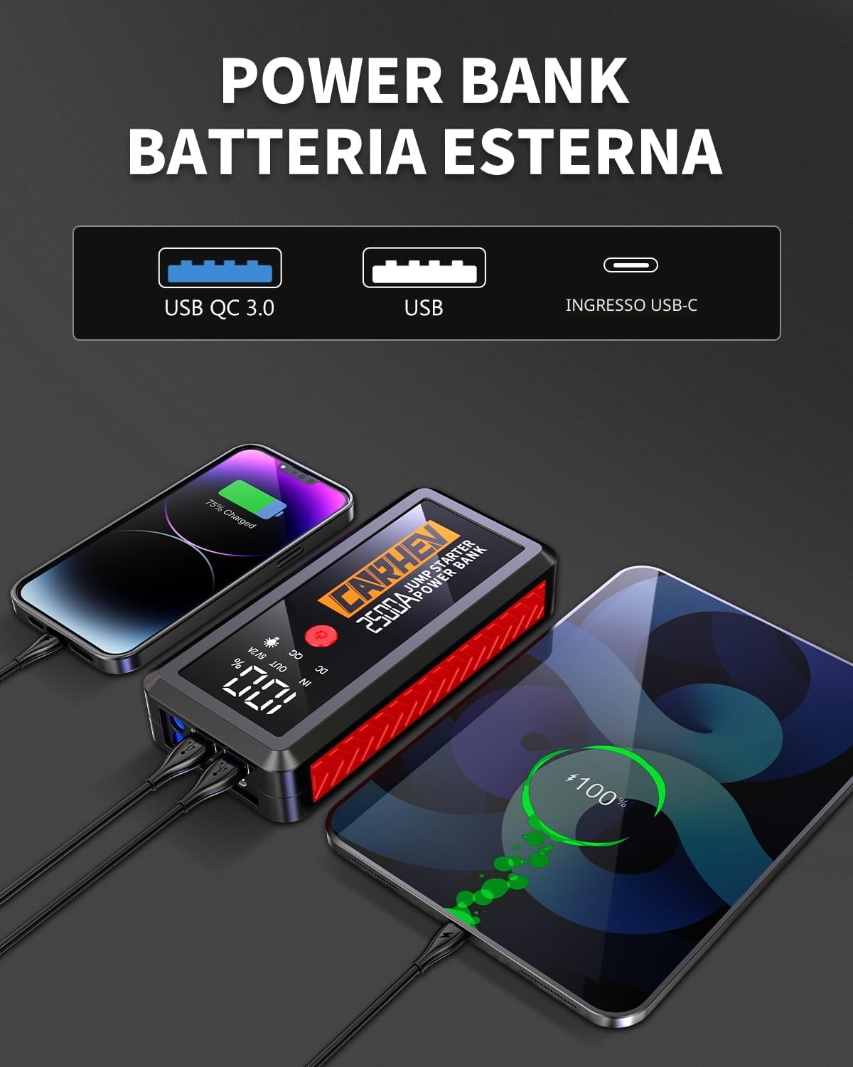 CARHEV Booster Avviamento Auto, 5000A Avviatore Batteria Auto (Fino a 8.0L Benzina/8.0L Diesel), 12V Avviatore Emergenza per Auto con Grande Display LCD e Torcia LED, Starter batteria auto con QC3.0