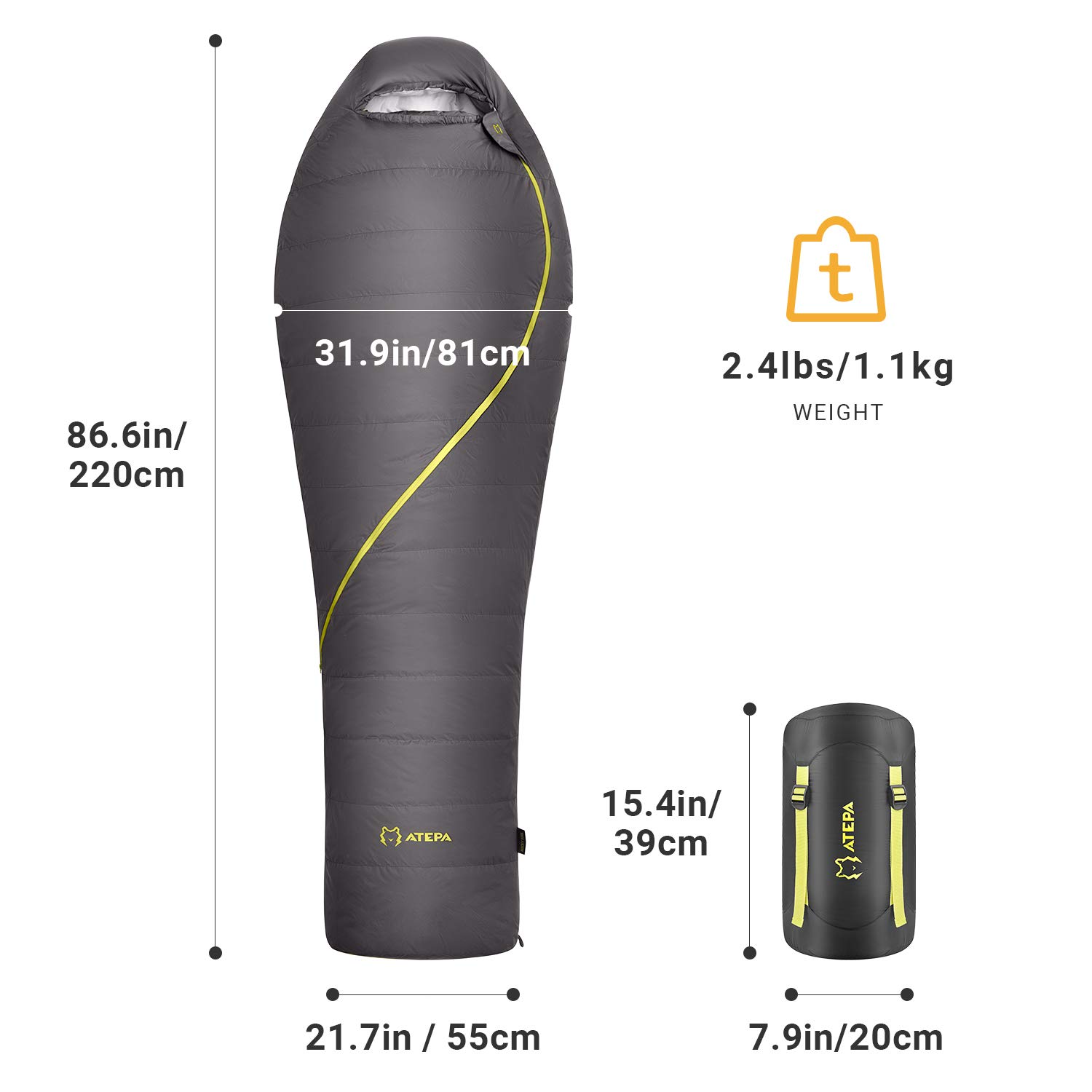 ATEPA Ultralight Alternative DaunenSchlafsack XL fr Erwachsene (1,1  KG),620 FP kompakter Leichter Mumienrucksack Schlafsack : Amazon.de: Sport  & Freizeit