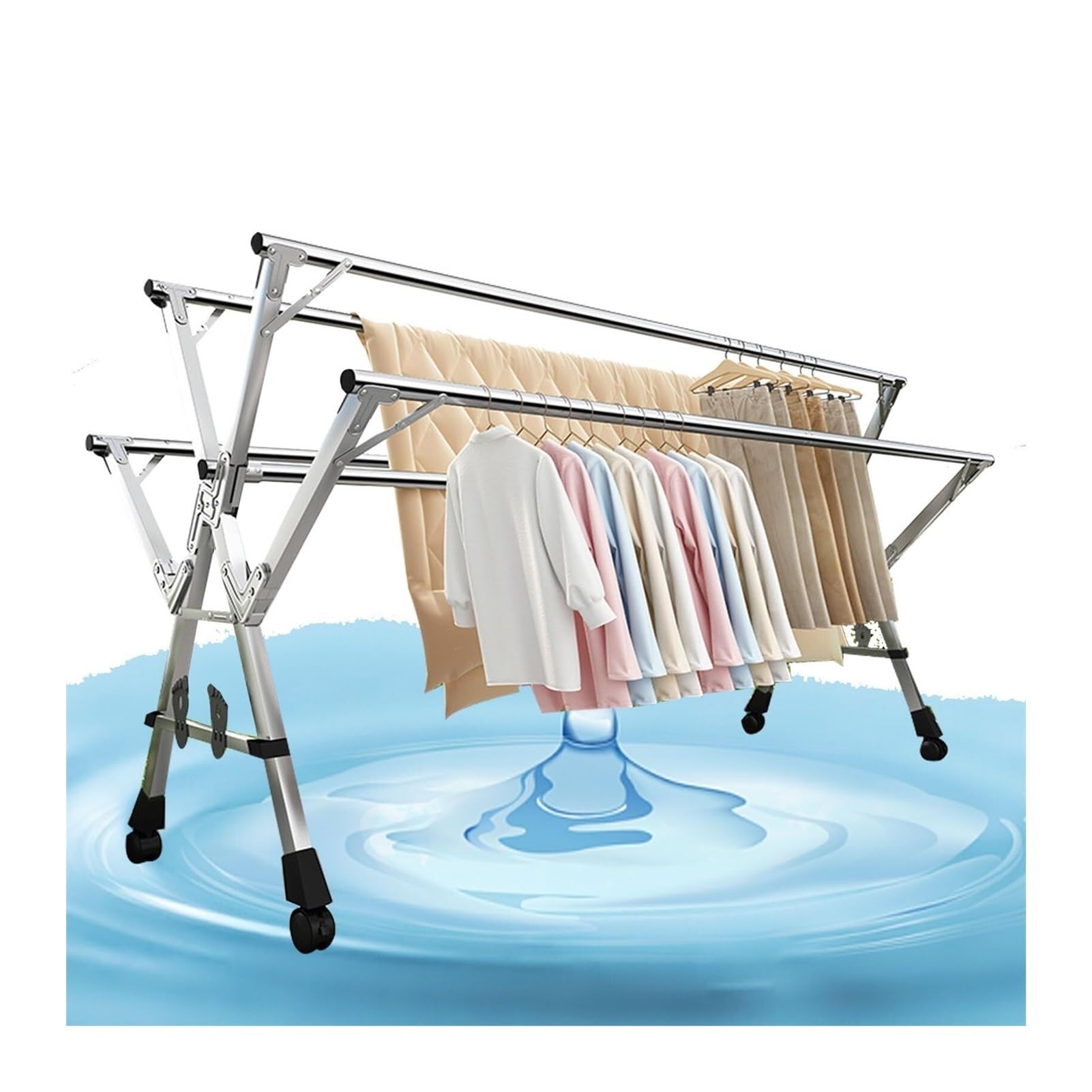 EYRMQWJPC Foldable Clothes Airer， Retractable Foldable Laundry Drying Rack on Wheels, Stainless Steel, 5 Rods, 160-240cm(160cm/63in)