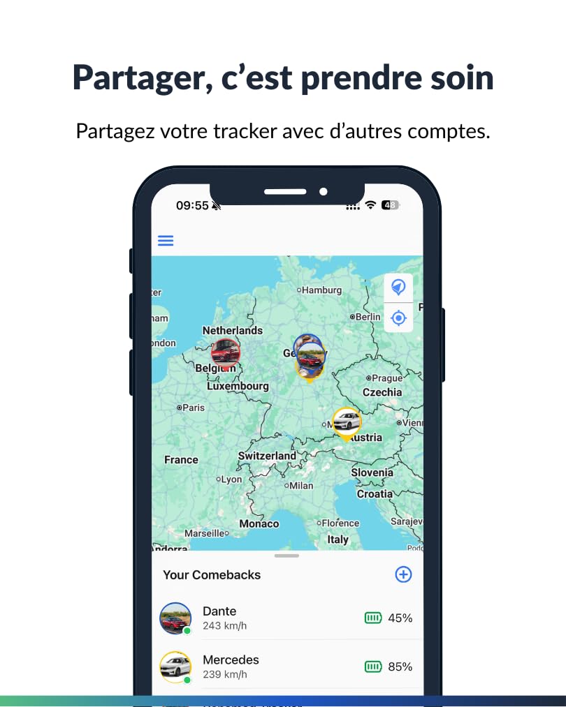 Tracker GPS Comeback sans abonnement avec Carte SIM, magnétique ou intégré, UE, Royaume-Uni et Suisse, Activation par paiement Unique, Application Gratuite