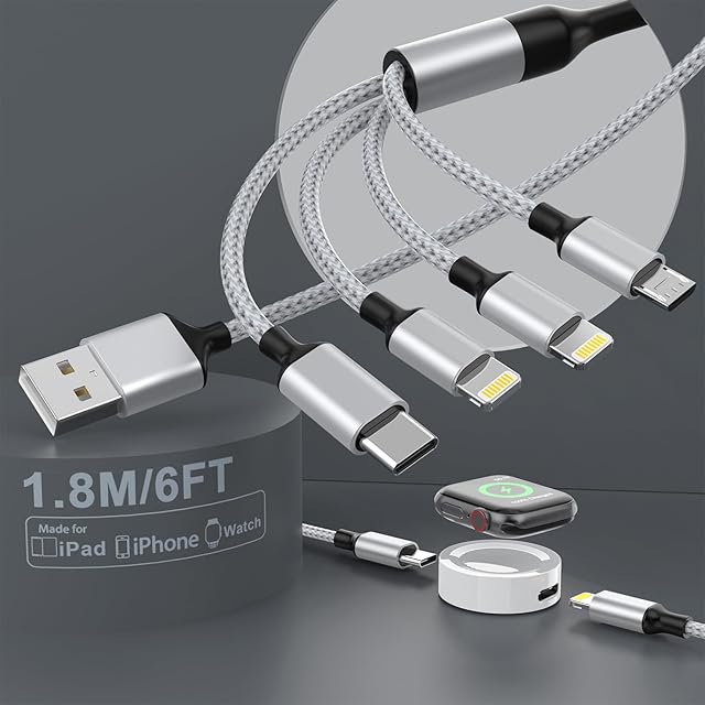 4 in 1 Multi Watch Charger, 1.8M/6FT Magnetic Watch Charger+Lightning2+Type C+Micro USB Nylon Braided iPhone Cord Adapter for Apple Watch Series 1-6/SE, Android, Huawei