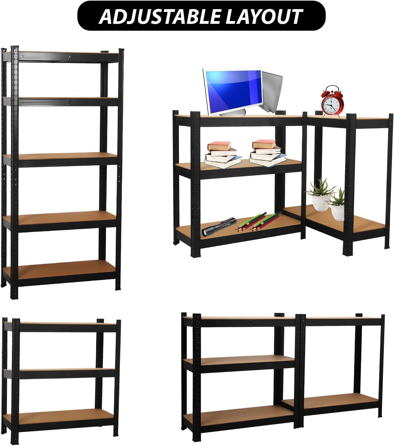 COZYBRITE Étagère de Rangement à 5 Niveaux en Métal, Capacité 875 kg, Planches Réglables, Style Industriel, pour Cuisine, Salon, Entrepôt, Atelier, Bureau (1, Noir, 90x40x180cm)
