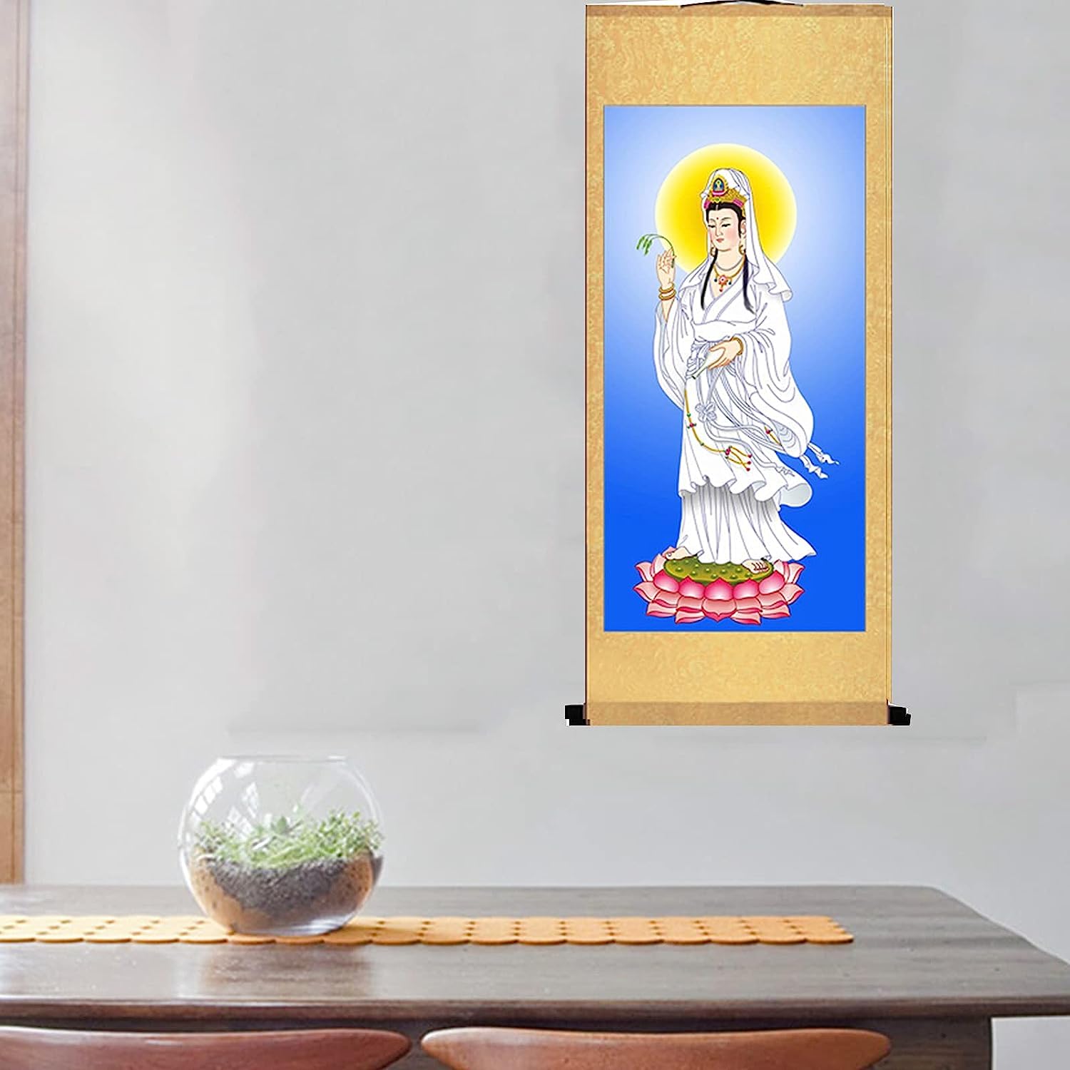 Rysunek na jedwabnym zwoju, Guanyin chiński jedwabny zwój malarstwo Feng Shui powodzenia Wall Art Multicolor(B)