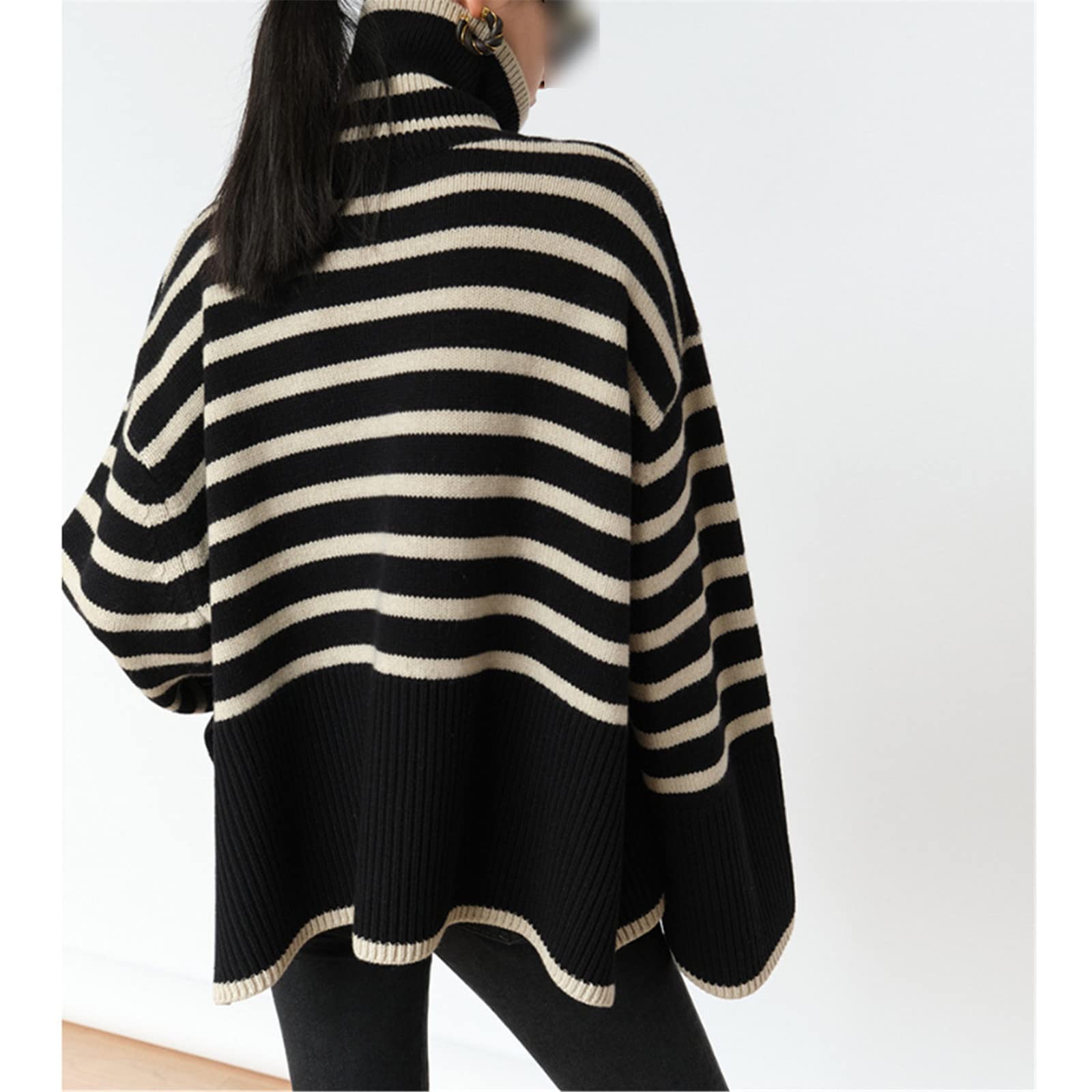 Top de la moda de las señoras de cuello alto a rayas otoño invierno diseño suelto jersey de punto suéter de gran tamaño