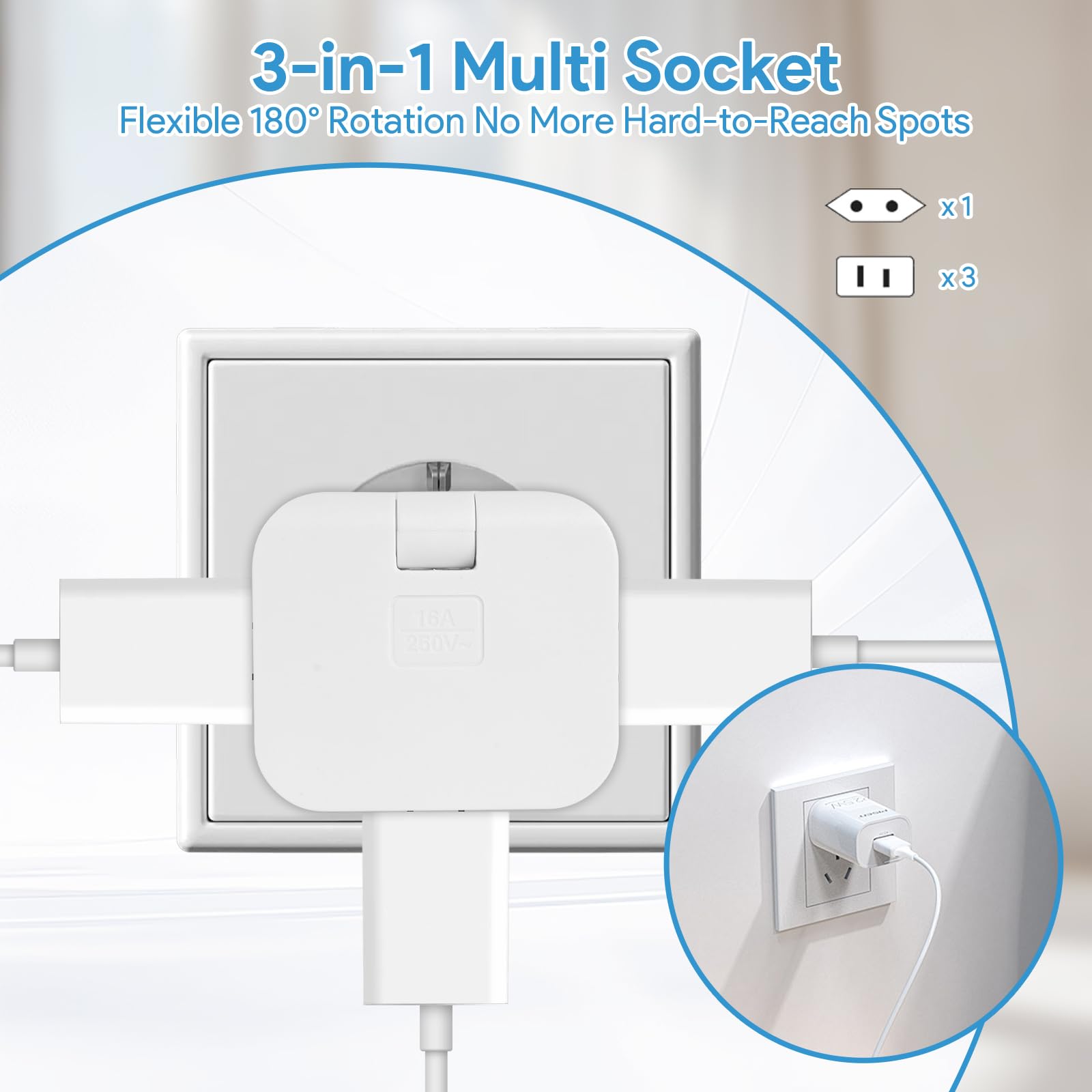 3x Presa multipla piatta dietro mobile con 3 prese | Presa piatta con connessione girevole a 180º | A muro con adattatore | Presa multipla 16A/250V | Leroy Merlin