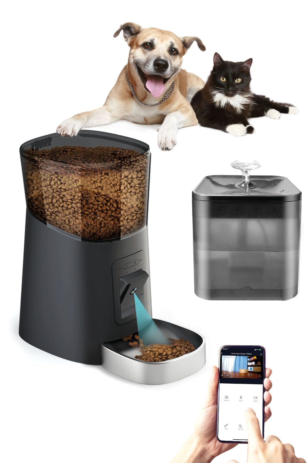 DEGO,Automatic Cat Feeder with Cat Water Fountain - 1080P moving Camera for Petsafe, app-controlled automatic cat feeder, Voice recorder, Timed feeder for dogs & cats, pet waterer, pet water fresher