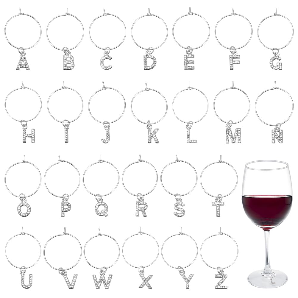 WEBEEDY 26 Pcs Silver Letter Wine Glass Markers Charms Wedding Shiny Rhinestone Wine Glass Charms for Stem Glasses Drink Wine Identifiers for Champagne Cocktail Goblet Parties Wedding Dinner