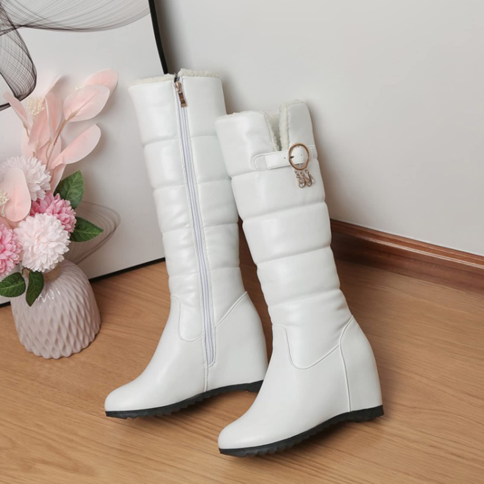 Stivaletti Invernali Donna 2026 Stivali Lunghi In Cotone con Fibbia Per Cintura Pelle Tinta Unita Moda Suola Spessa Zeppa Peluche Neve