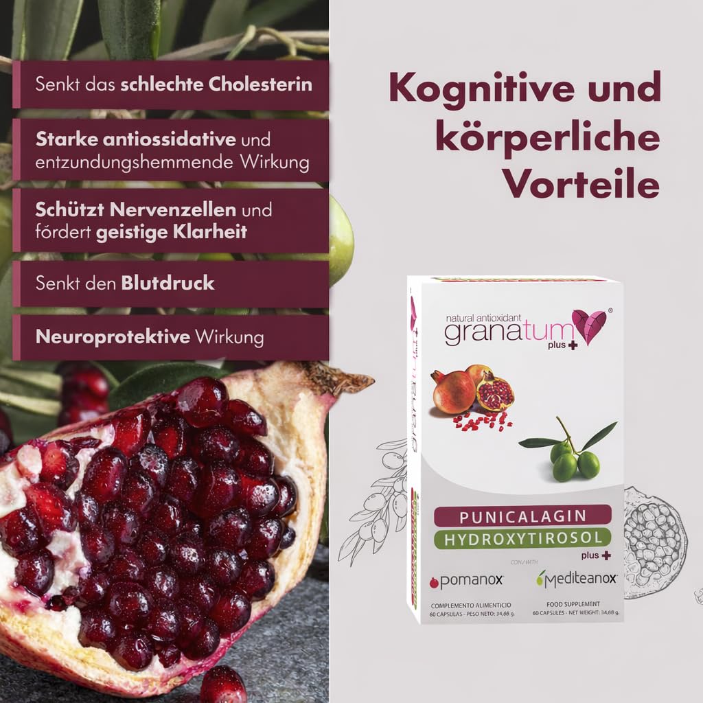 Granatum Plus - Punicalagin und Hydroxytyrosol - Granatapfel- und Extra Natives Olivenölextrakt - Antioxidativ und Entzündungshemmend - Hautpflege - Spanien - 1 Box 60 Kapseln