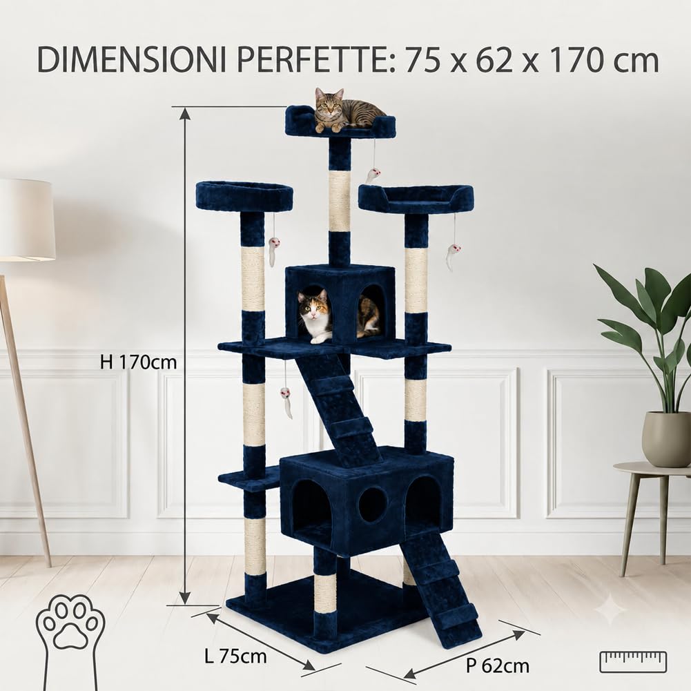 Bakaji Rascador para Gatos Árbol para Gatos Sisal Parque Giochi Caseta Gato Tira arañazos uñas Alto 170 cm, Torre de Escalada para Gatos Estable de Varios Niveles (Azul)