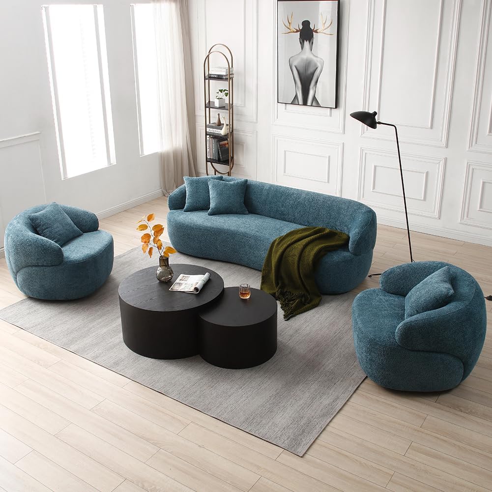360° Swivel Barrel Chair, 35.04" Modern Curved Accent Single Sofa Chair, Boucle Fabric Barrel Sofa with Pillow for Living Room Bedroom Nursery Coffee Bar - Blue