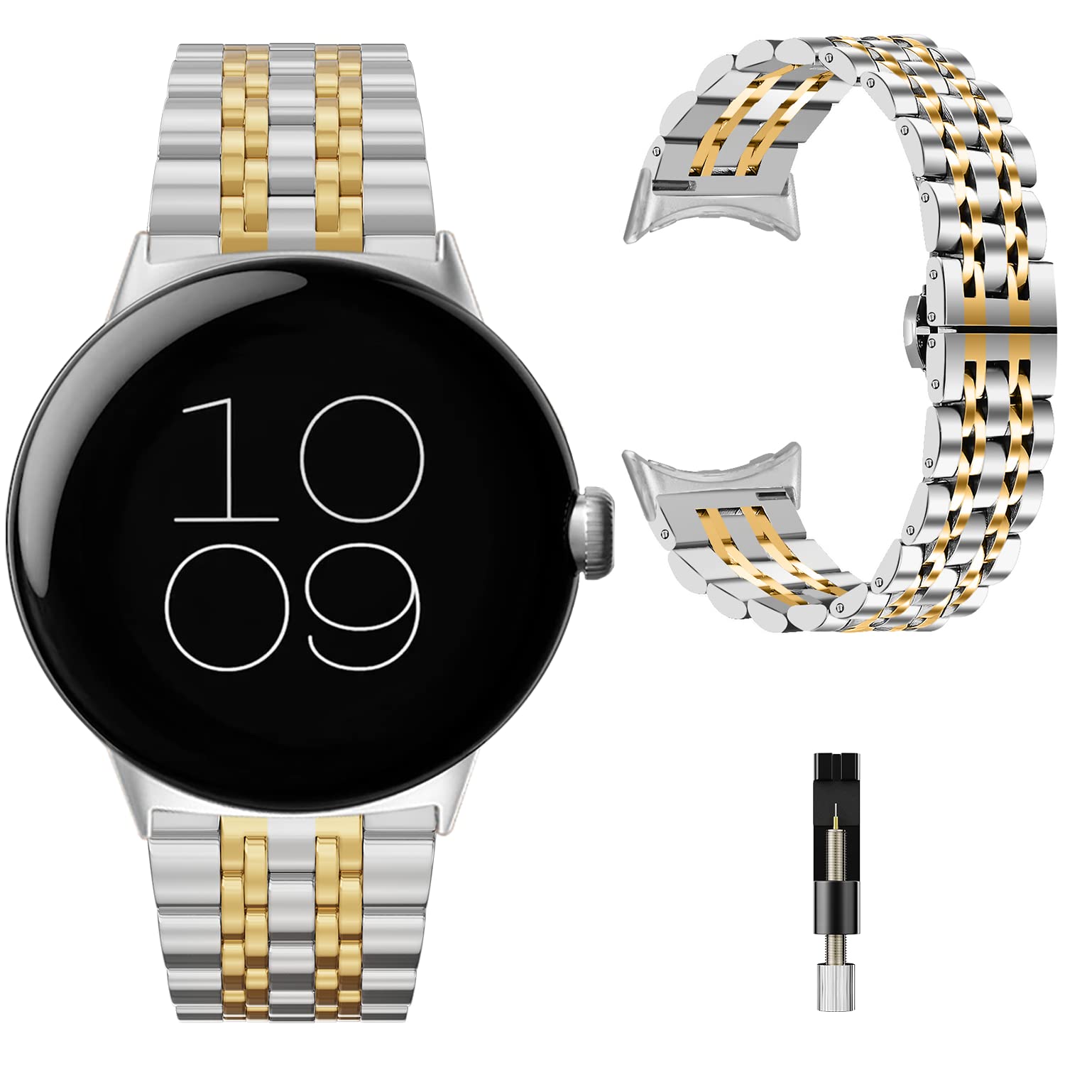 Miimall Compatible for Google Pixel Watch Strap, Stainless Steel Adjustable Butterfly Clasp Replacement Band for Pixel Watch Men Women