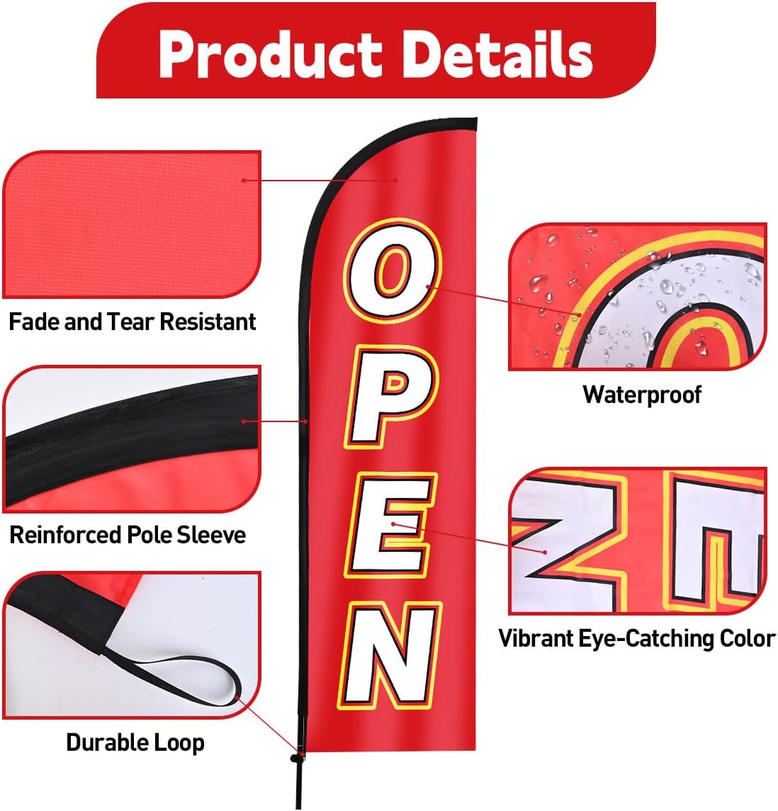 Open Feather Flag, 8.2ft Open flag for Business with Aluminum Pole and Ground Stake, Commercial Open Sign for Outside Business Swooper Flag Advertisng Feather Banner