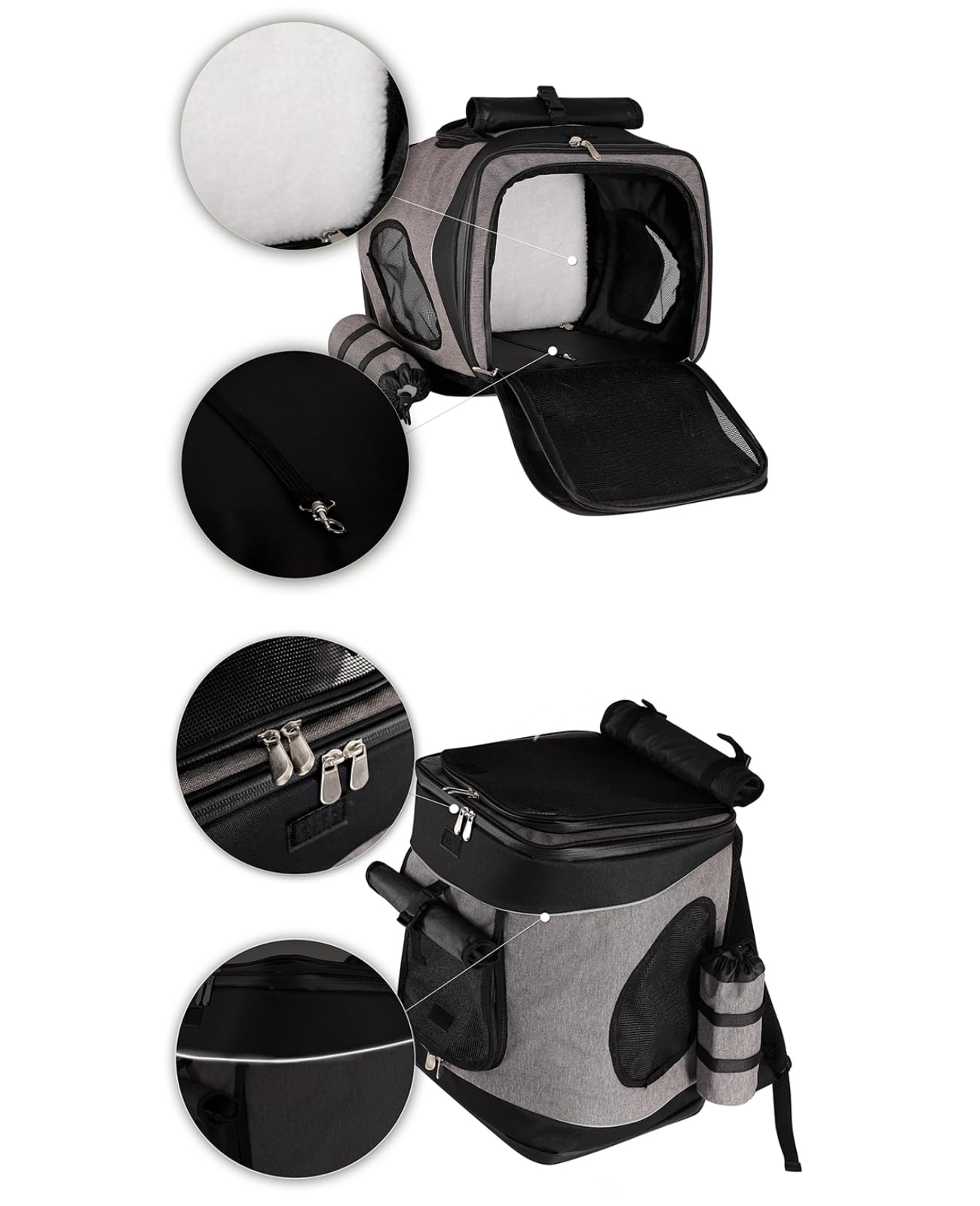 lionto Hunderucksack faltbar für unterwegs, 34x30x42 cm, aus robustem Oxford-Stoff & Netzgewebe, Wasserabweisende Katzentransportbox mit Flaschenhalter & Kissen für Haustiere bis 10kg, grau/schwarz