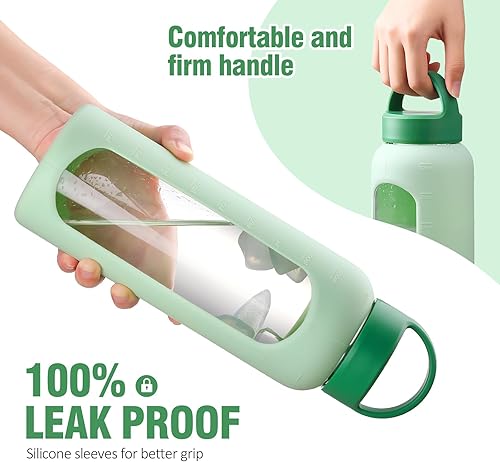 Miniatura 4 de Botella de agua de vidrio de 32 onzas, vaso de vidrio de 1 litro con pajilla, botellas reutilizables con 2 tapas, tapa con asa y tapa de popote de