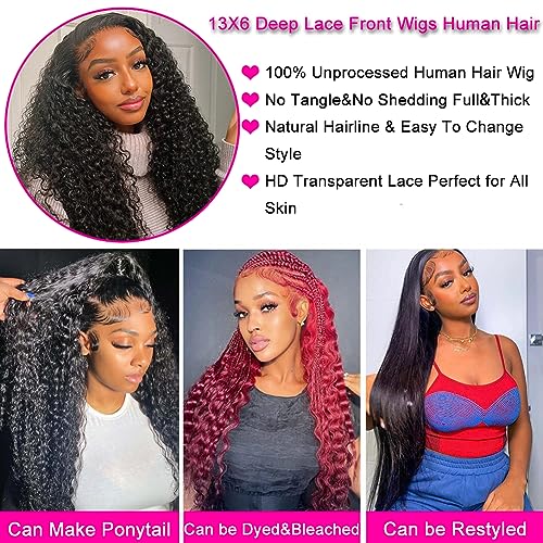 Image of Hswpawk 13x6 Deep Wave Lace Front Wig Human Hair HD Transparent Pre Plucked 180% Density Glueless With Baby Hair Natural Hairline Deep Curly 32 Inch