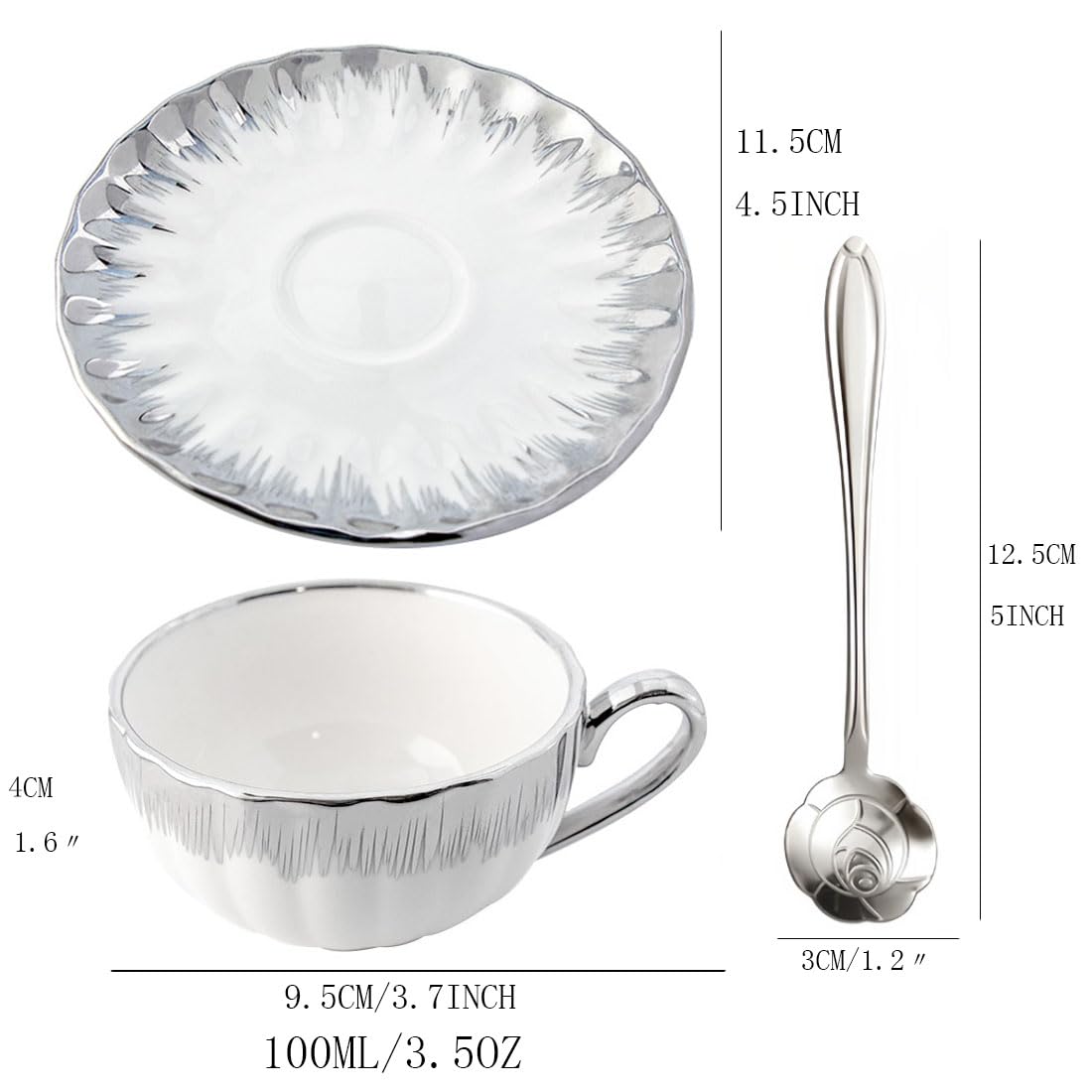CHANJOON Lot de 6 tasses à thé, plateau en céramique, cuillères à café, bord doré galvanique, boîte cadeau, tasses blancs, couleur argent, taille moyenne