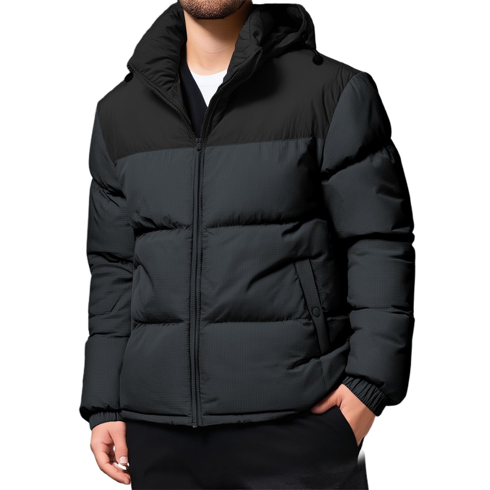 Generisch Cappotto a soffietto da uomo, tinta unita, con colletto alto, piumino ispessito, giacca invernale calda, trapuntata, leggera, con tasche, per autunno e inverno