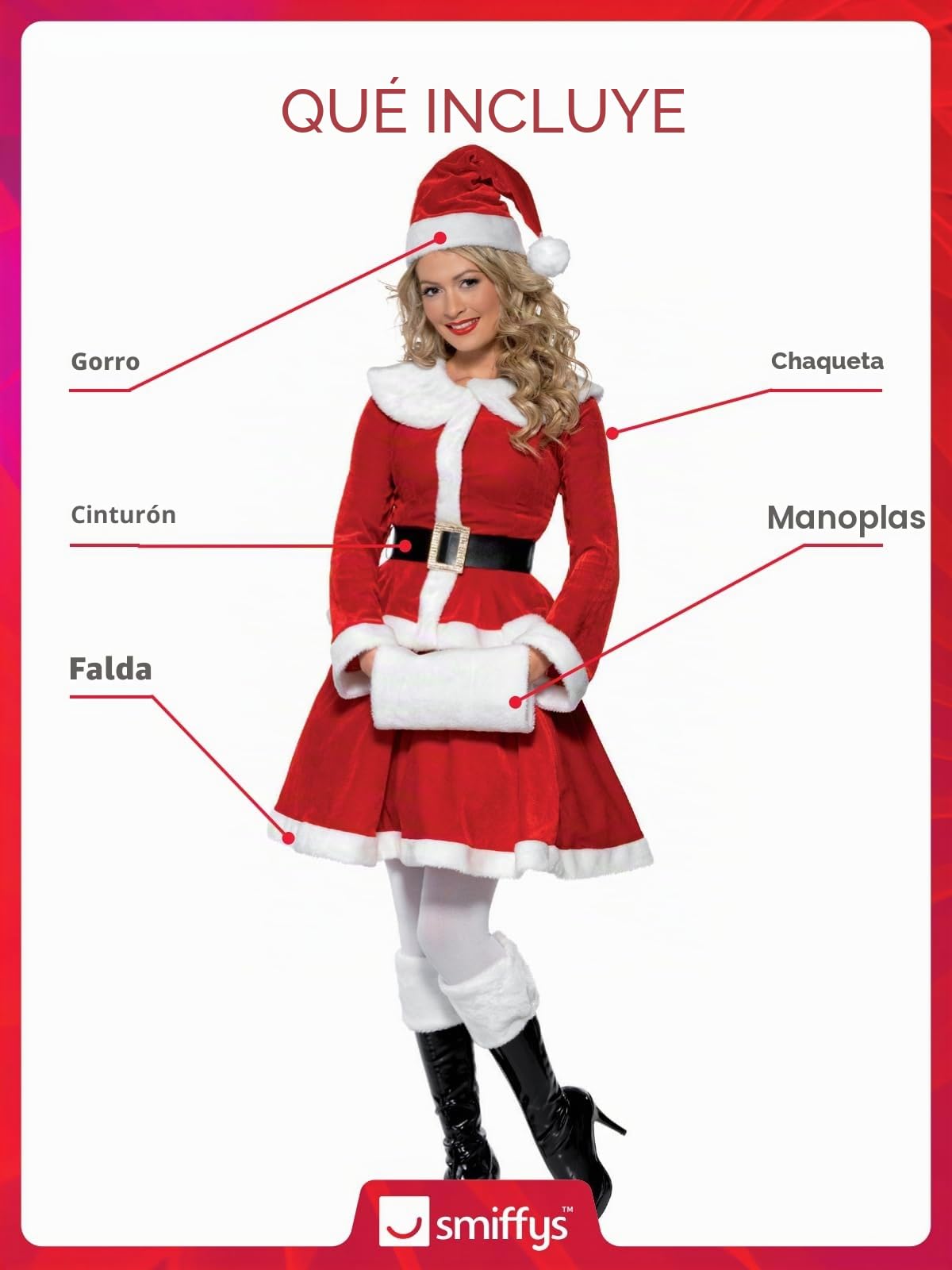 Smiffys Disfraz de Miss Santa, Rojo, con chaqueta, falda, gorro, cinturón y manguito Halloween, Carnaval