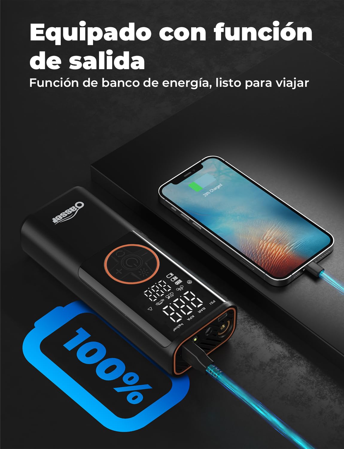 Oasser Compresor Aire Portatil 6000mAh 150PSI Inflador Ruedas Coche Pequeño Pantalla LCD Doble Visualización Cable Encendedor 3M Parada Automática Bolsa Almacenamiento para Coche Moto Bicicleta Bola