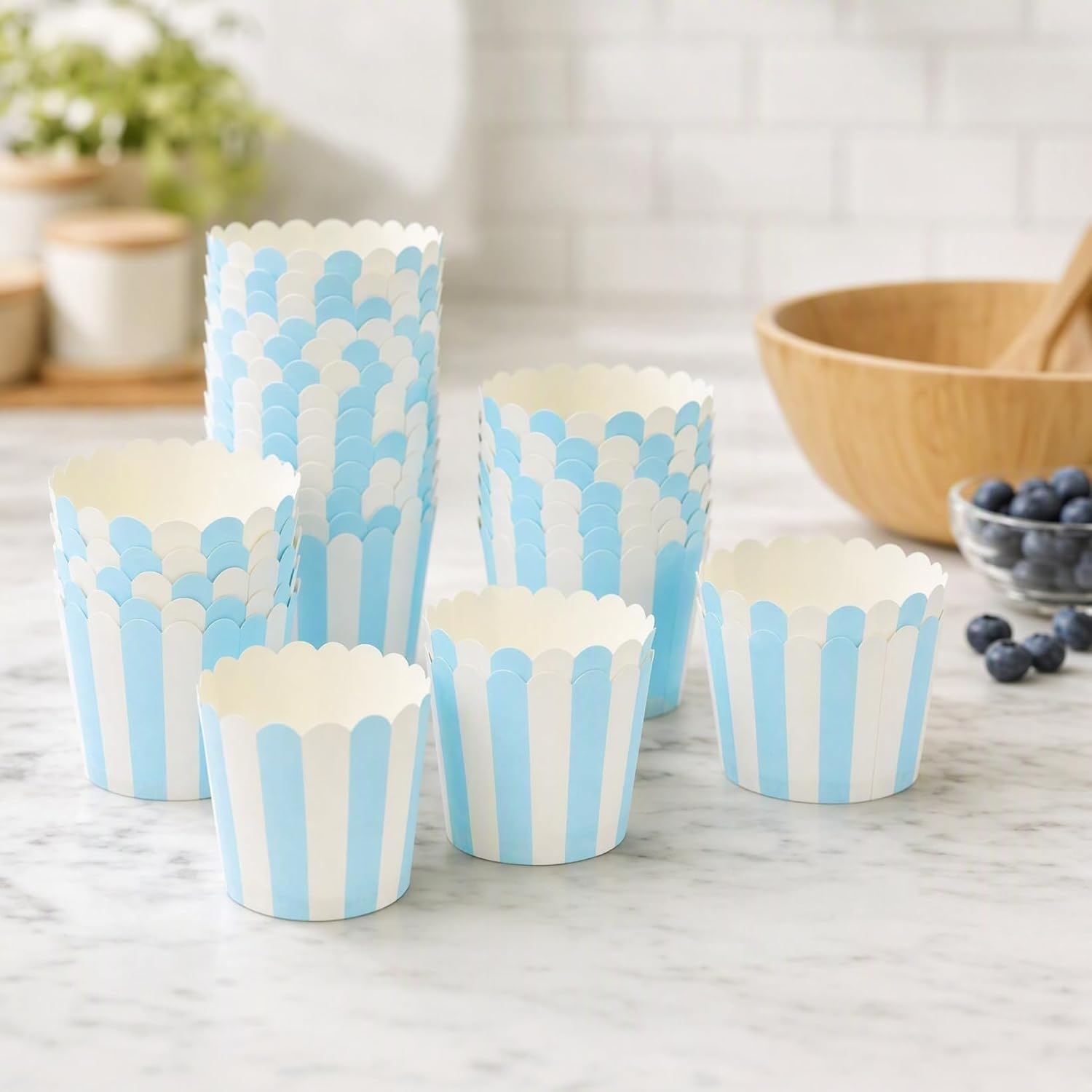Cabilock 50pcs Paper Baking Cups, Cupcake Cups Lue And White Stripes, Disposable Cupcake Liners Cupcake Wrappers For Muffin Cupcakes Birthday Wedding Party