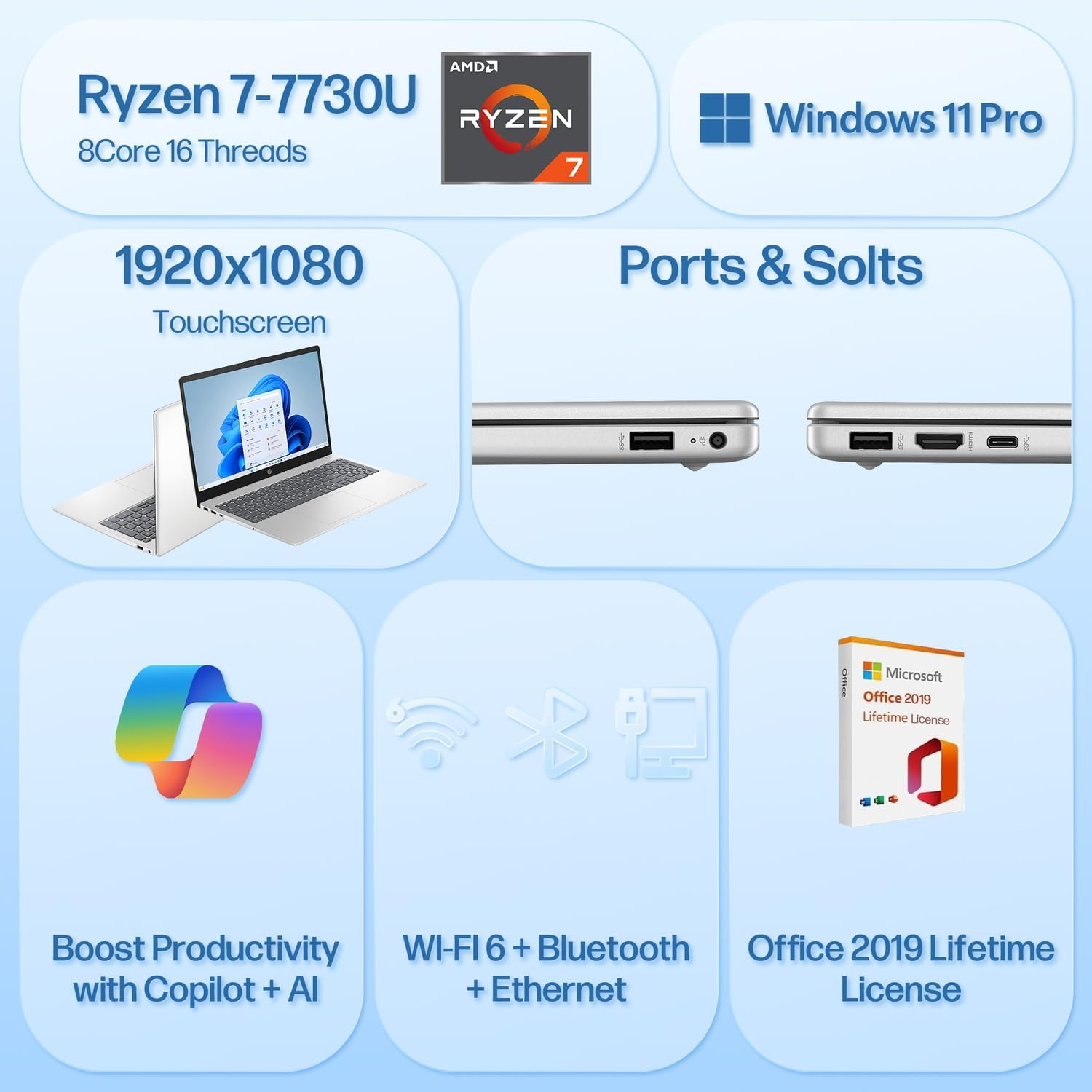 HP 15.6" FHD IPS Touchscreen Laptop, AMD Ryzen 7 7730U, 16GB RAM, 1TB SSD, AMD Radeon Graphics, Windows 11 Pro, Wi-Fi 6, Long Battery Life, Office 2019 Lifetime License, Natural Silver