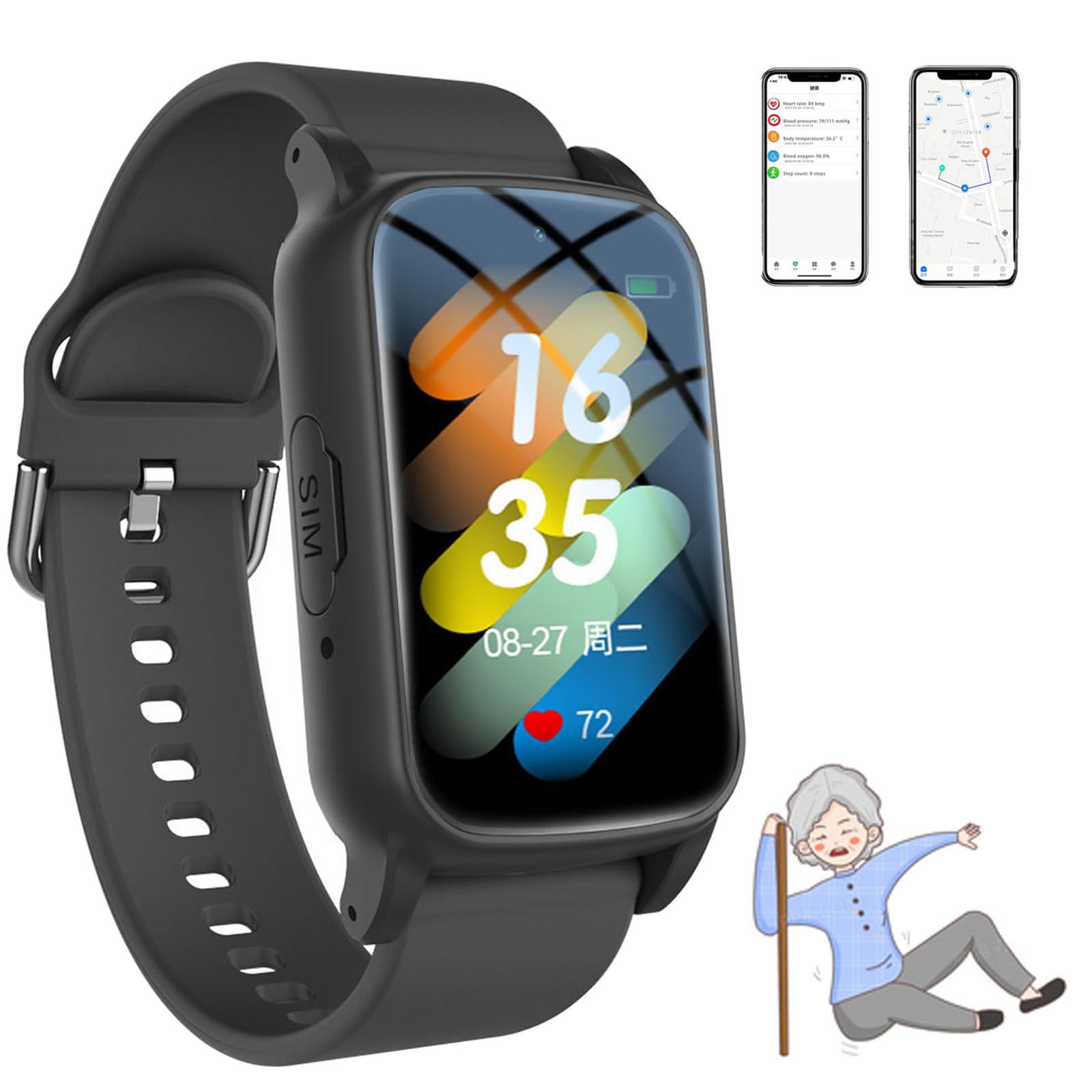Alarme Anti-Chute pour Personnes âgées, Traceur GPS pour Personnes âgées Atteintes De Démence, Détection De Chute Et Appel d'urgence, Appel Vidéo HD 4g, étanchéité Ip67, Multilingue Black