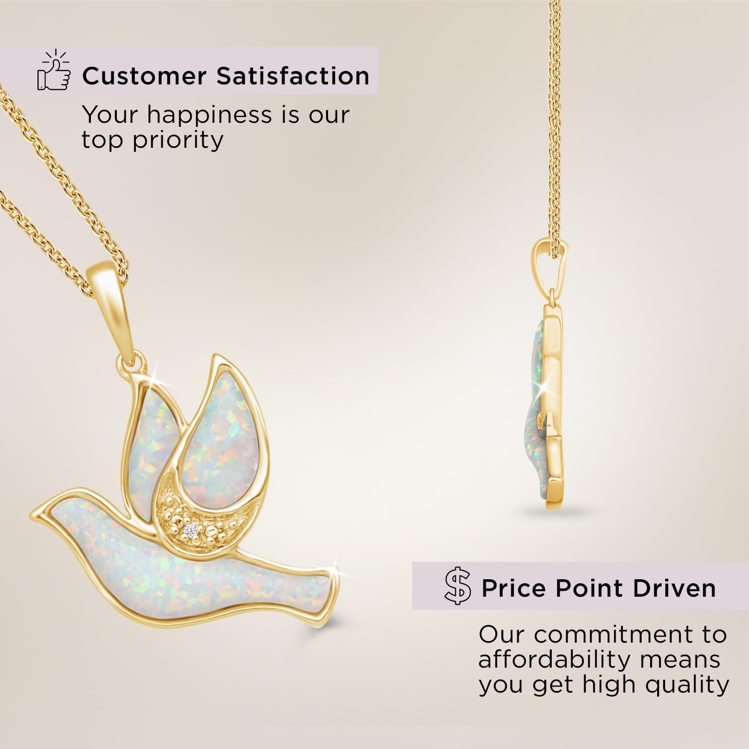 Jewelili Sterling Silver or Yellow Gold Plated Sterling Silver Dove Pendant Necklace for Women | Created Opal & Natural White Round Diamonds | 18" Rolo Chain | Luxury Jewelry Gift for Her | Gift Box Included