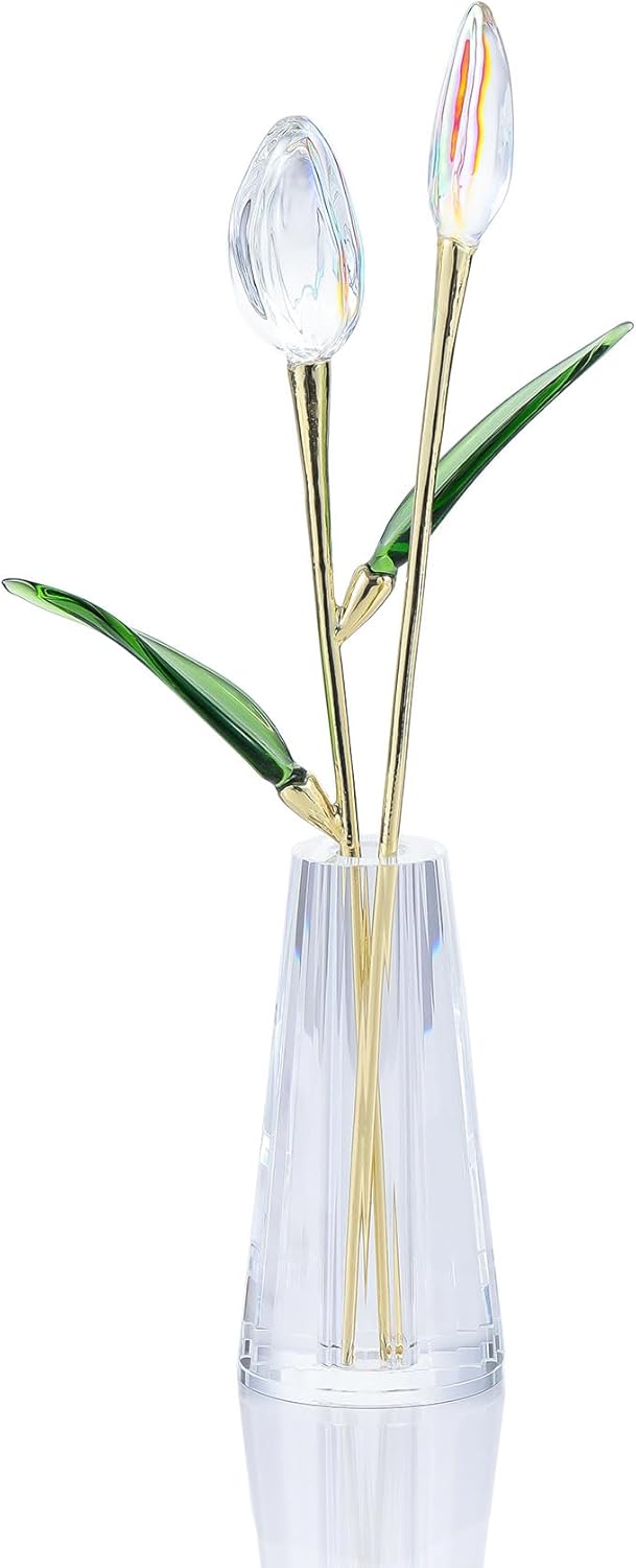 Movdyka Clear Crystal Tulips in Vase - Elegant Glass Tulips Flowers Home Decor for Mom Wife, Present for Women on Anniversary Birthday Wedding
